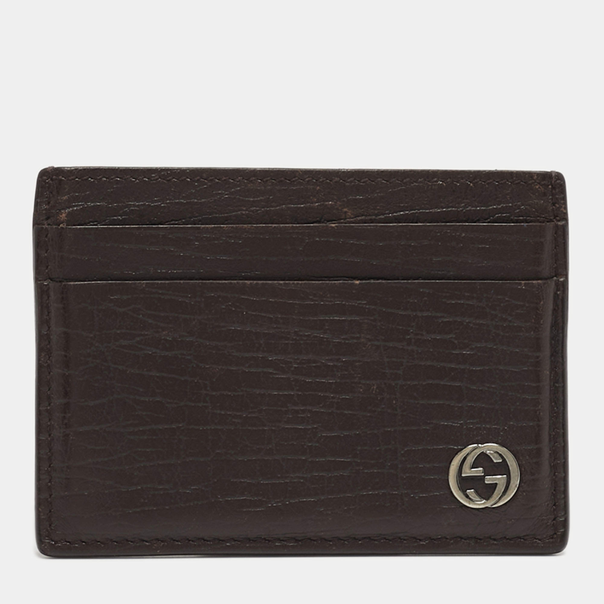 Pre Owned Gucci Interlocking G Dark Brown Leather Card Holder