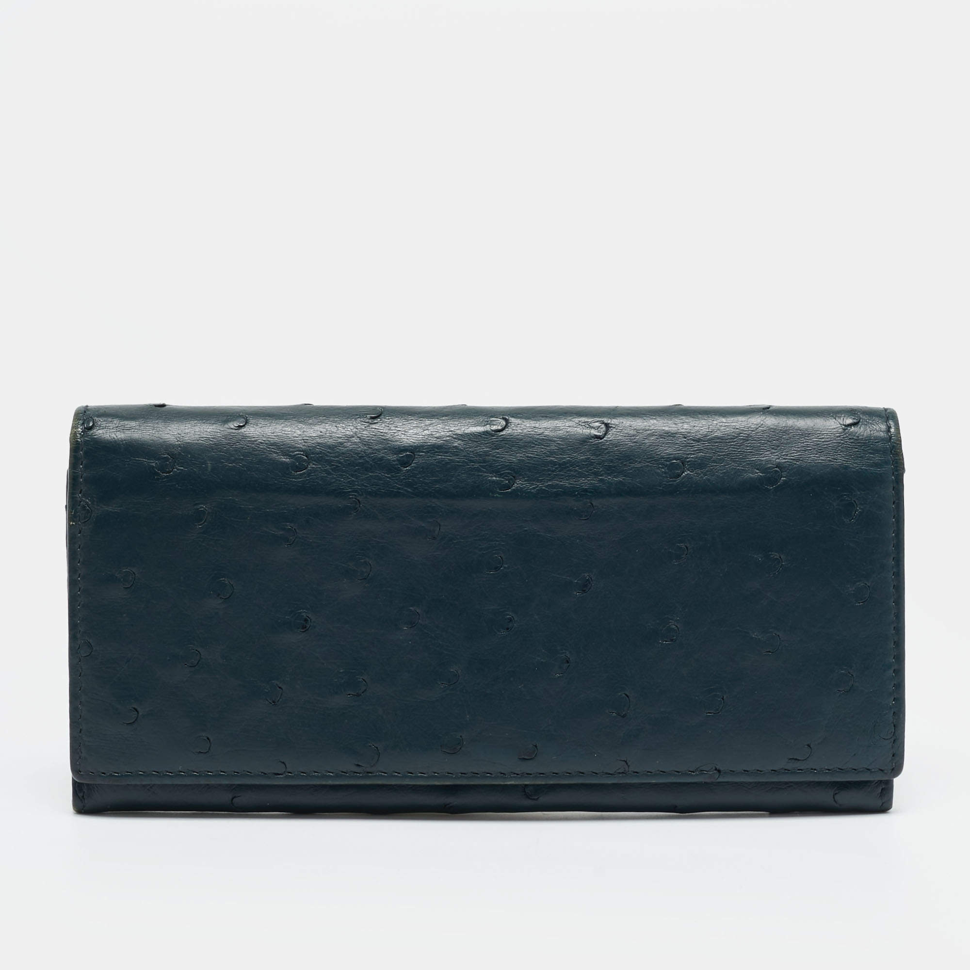 Pre Owned Gucci Dark Blue Ostrich Leather Continental Wallet