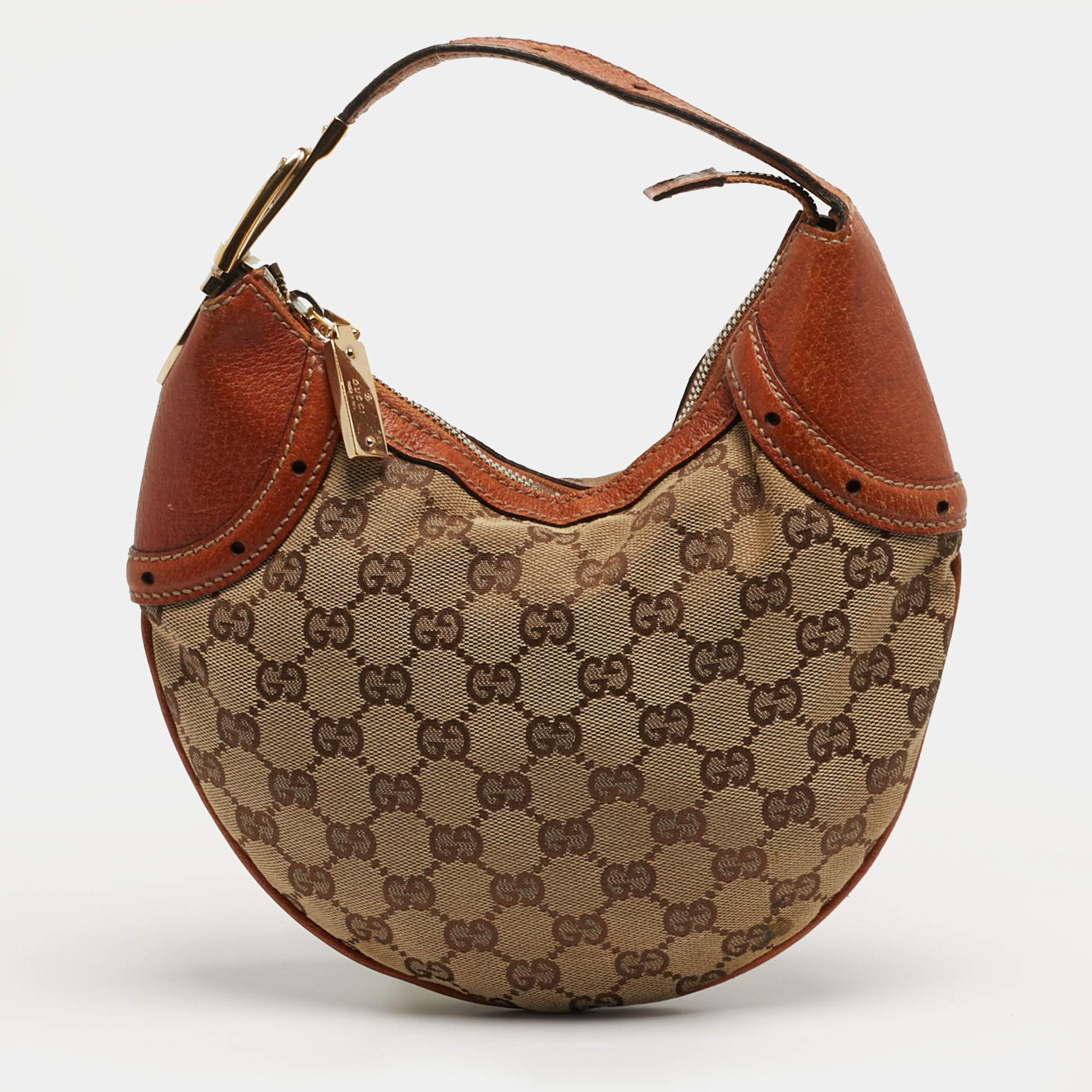 مملوكة مسبقًا Gucci Buckle Brown/Beige GG Canvas and Leather Hobo