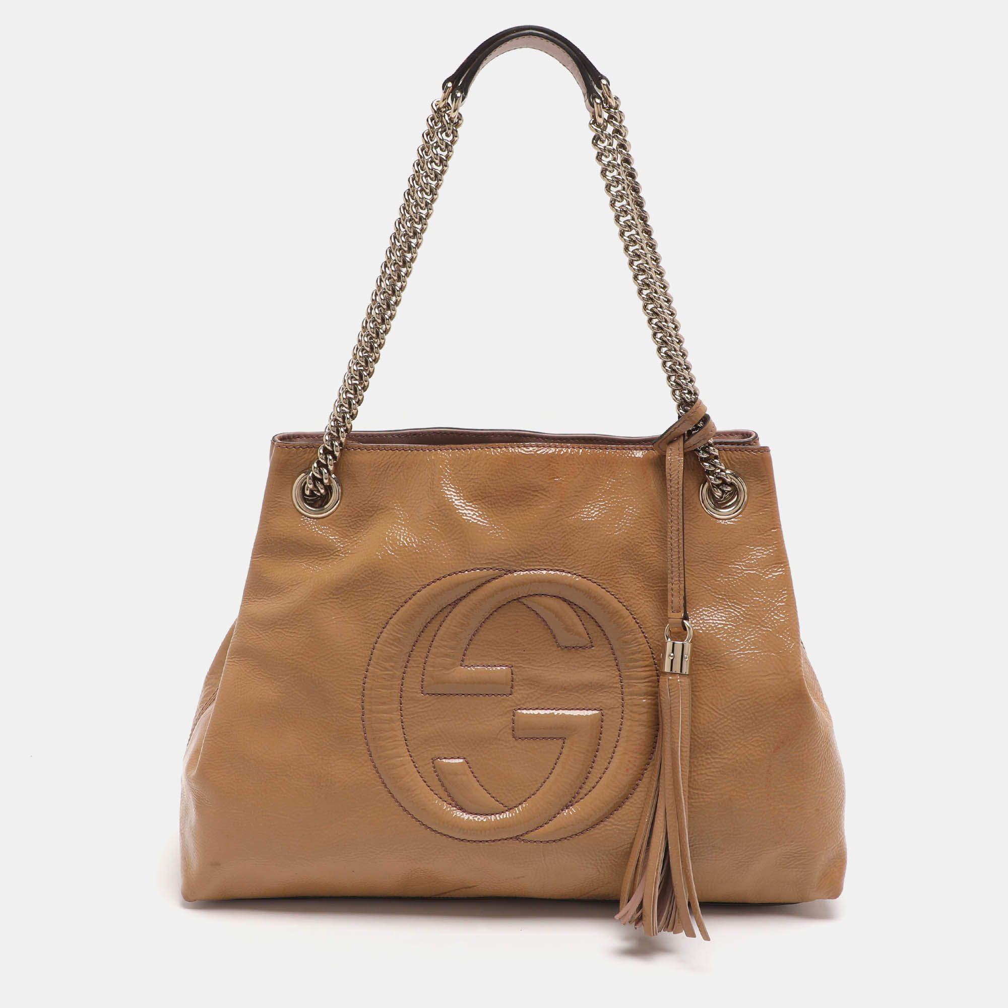 Pre Owned Gucci Soho Medium Beige Patent Leather Tote