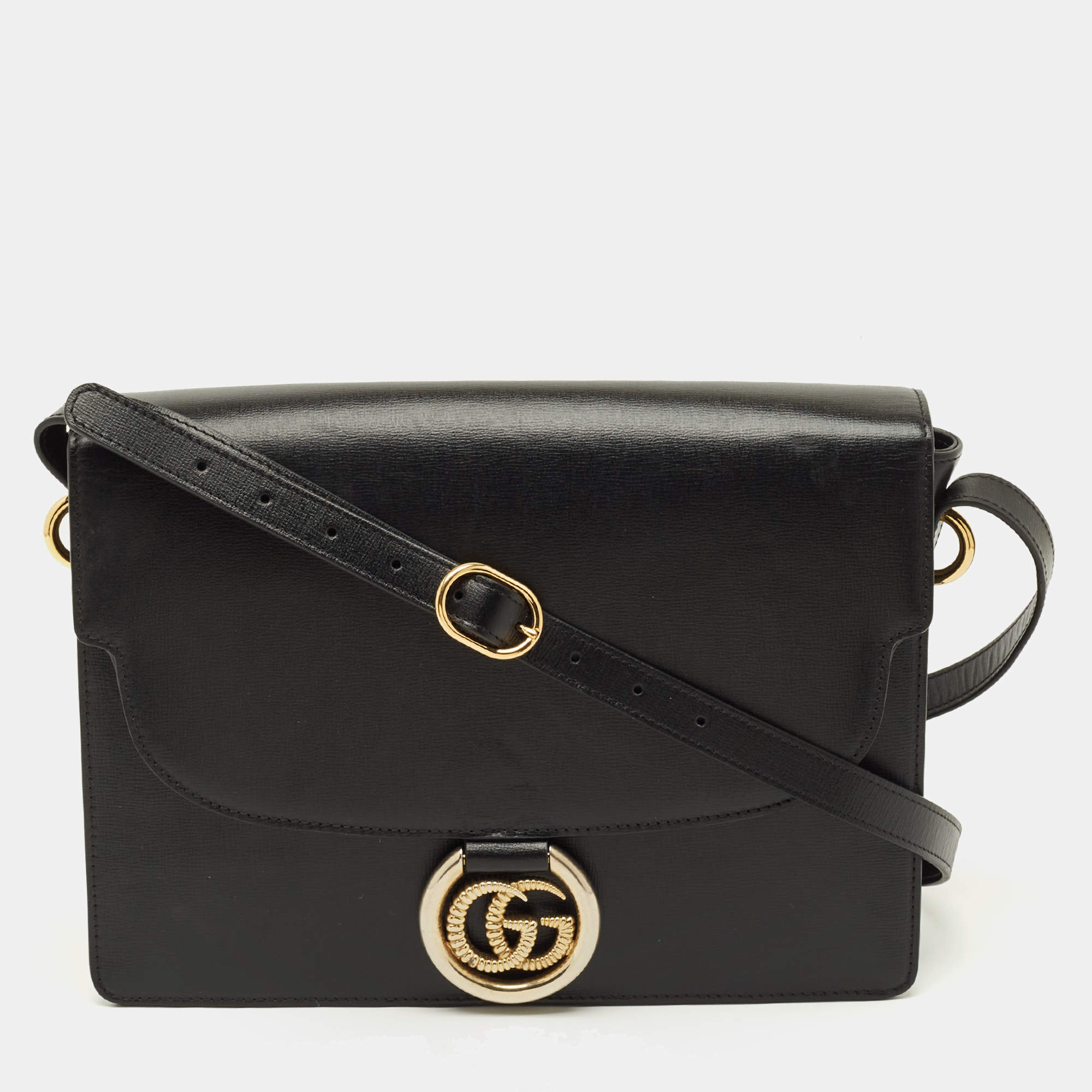 مملوكة مسبقًا Gucci GG Ring Flap Black Leather Shoulder Bag