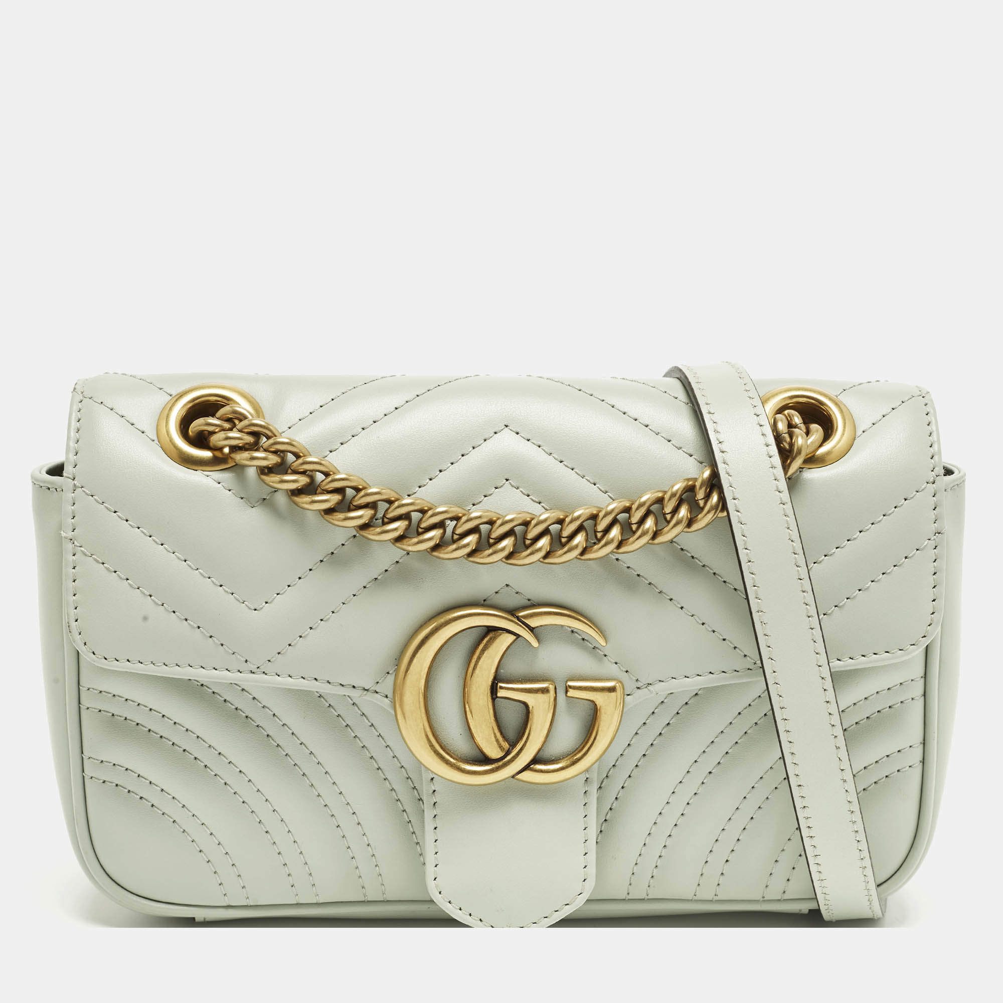 مملوكة مسبقًا Gucci GG Marmont Flap Mini Light Green Matelassé Leather Shoulder Bag