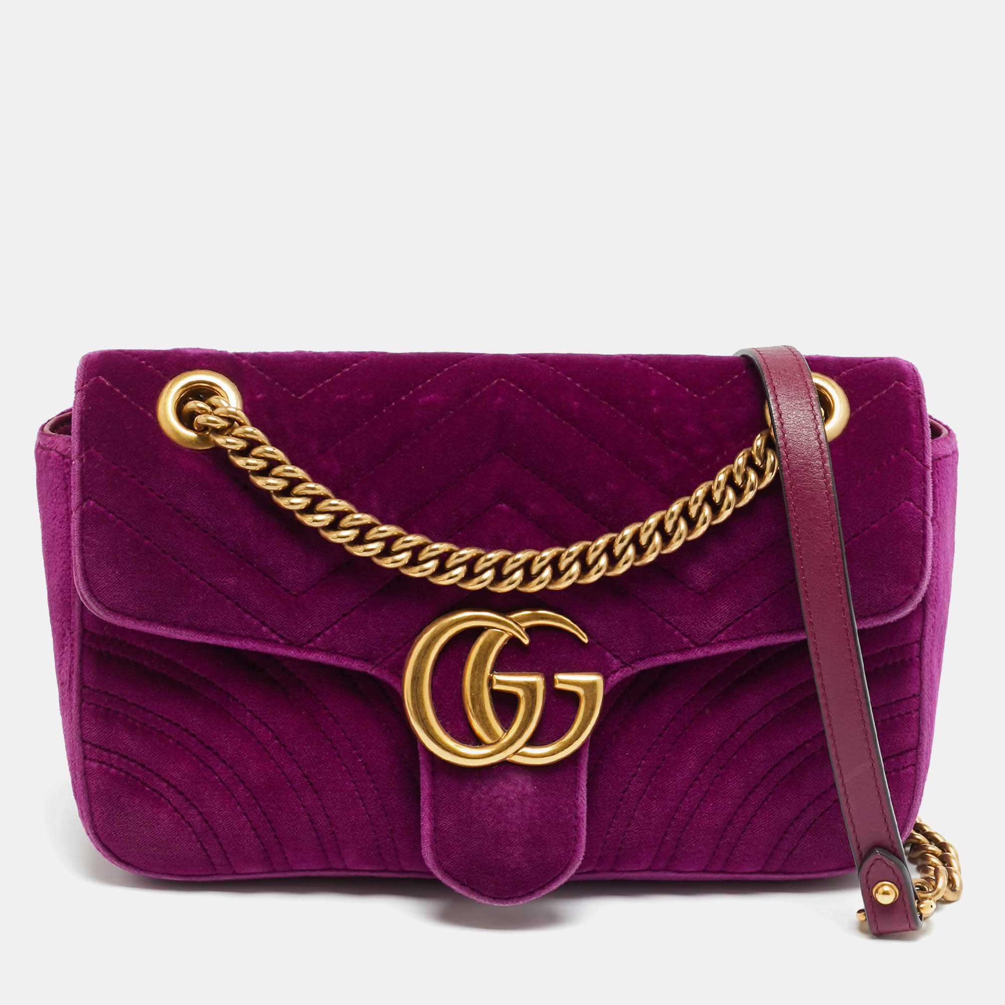 Pre Owned Gucci GG Marmont Flap Small Purple Matelasse Velvet Shoulder Bag