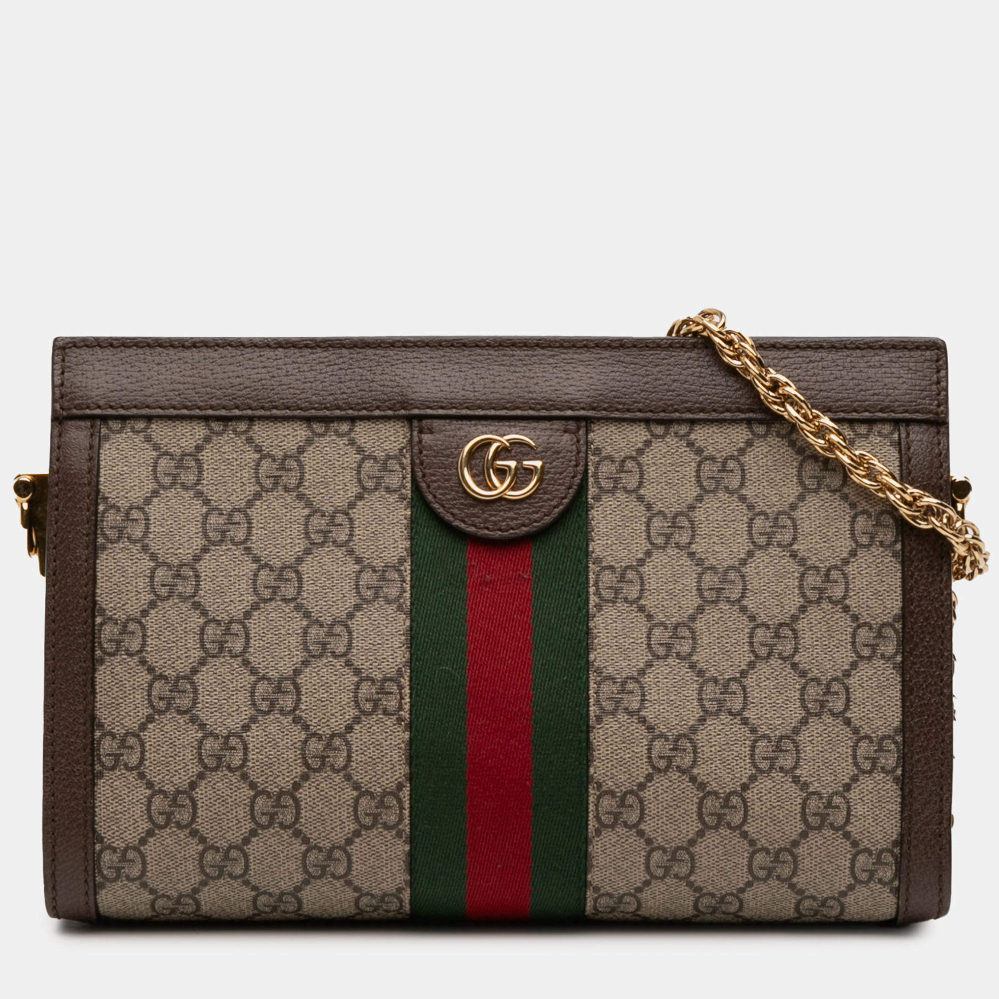 Pre Owned Gucci Brown Small GG Supreme Web Ophidia Chain Crossbody