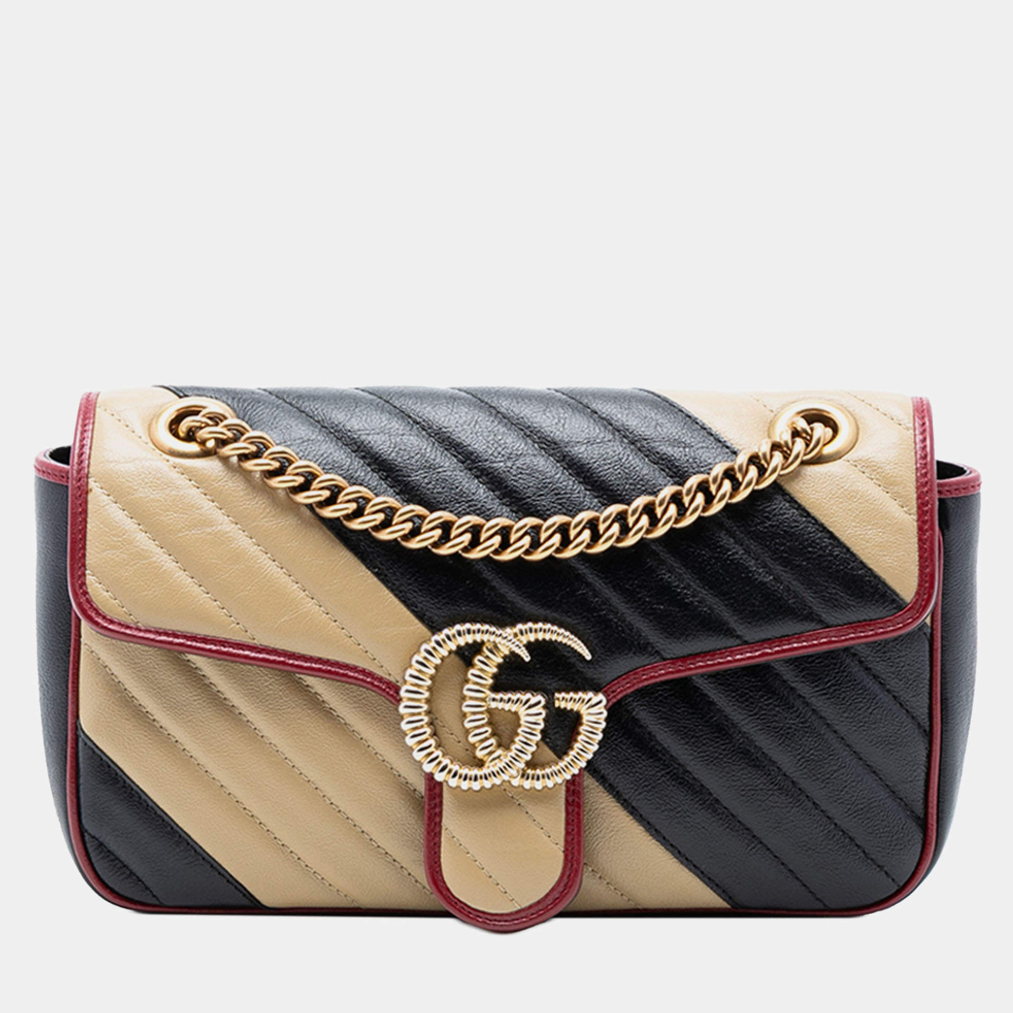 Pre Owned Gucci Black Brown Medium GG Marmont Bicolor Matelasse Diagonal Leather Torchon Shoulder Bag