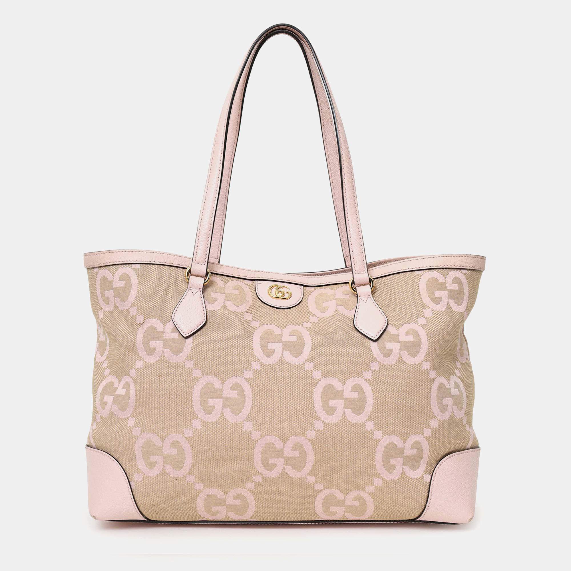 Pre Owned Gucci Beige/Pink Jumbo GG Medium Ophidia Tote