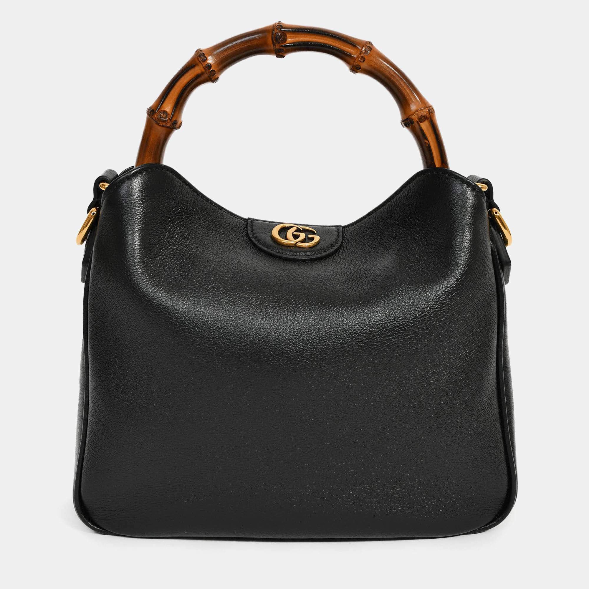 Pre Owned Gucci Black Leather Bamboo Handle Double G Small 'Diana' Bag with Strap