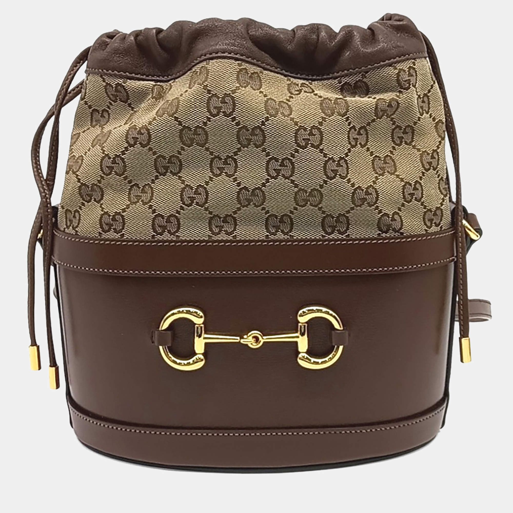 مملوكة مسبقًا Gucci Brown Coated Canvas and Leather 1955 Horsebit Bucket Bag