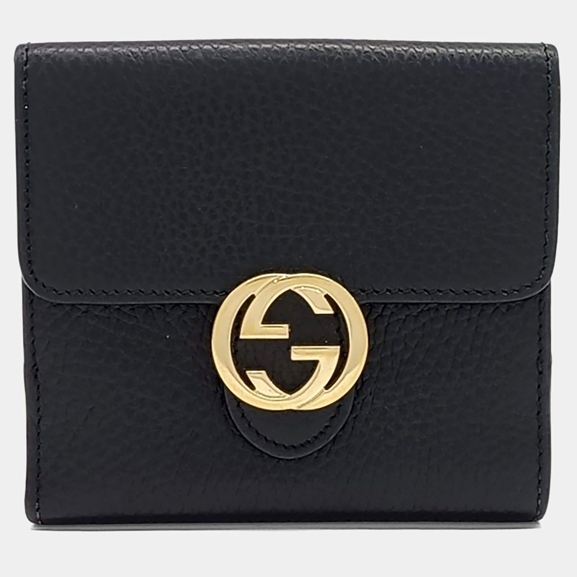 مملوكة مسبقًا Gucci Black Leather Gg Interlocking Medium Wallet