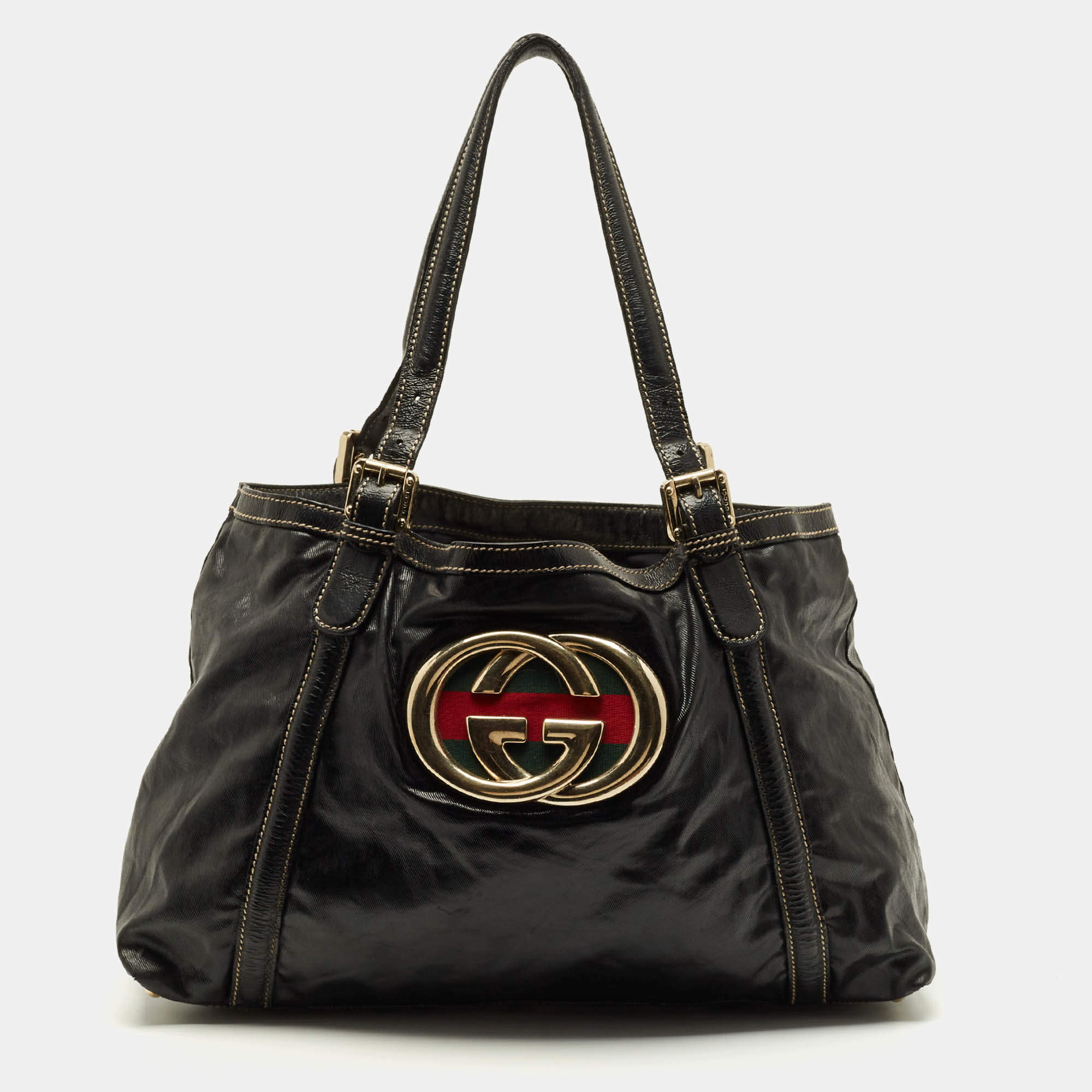 Pre Owned Gucci Dialux Britt Medium Black Coated Fabric and Patent Leather Tote