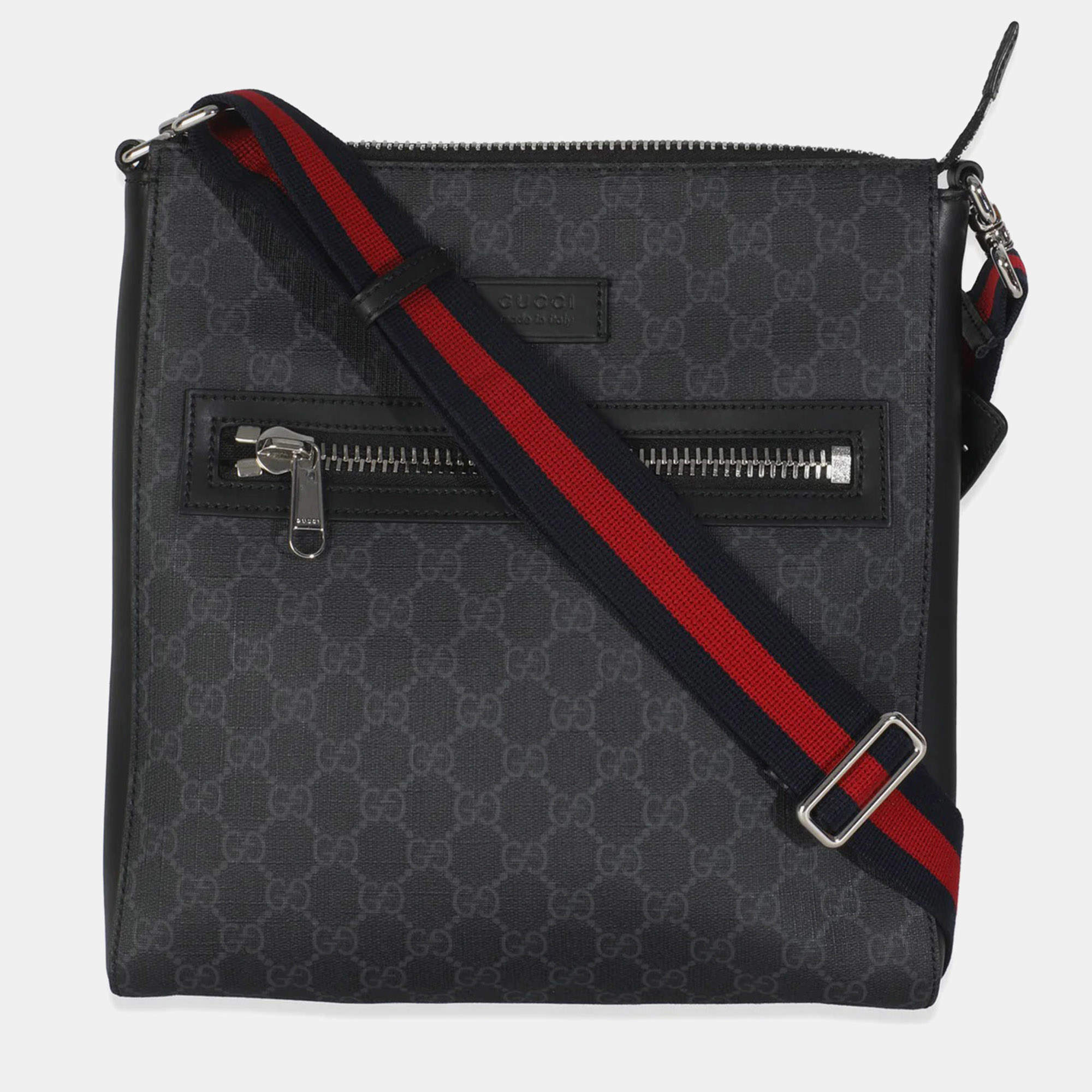 مملوكة مسبقًا Gucci Black Grey GG Supreme Appia Calfskin Web Flat Messenger Bag