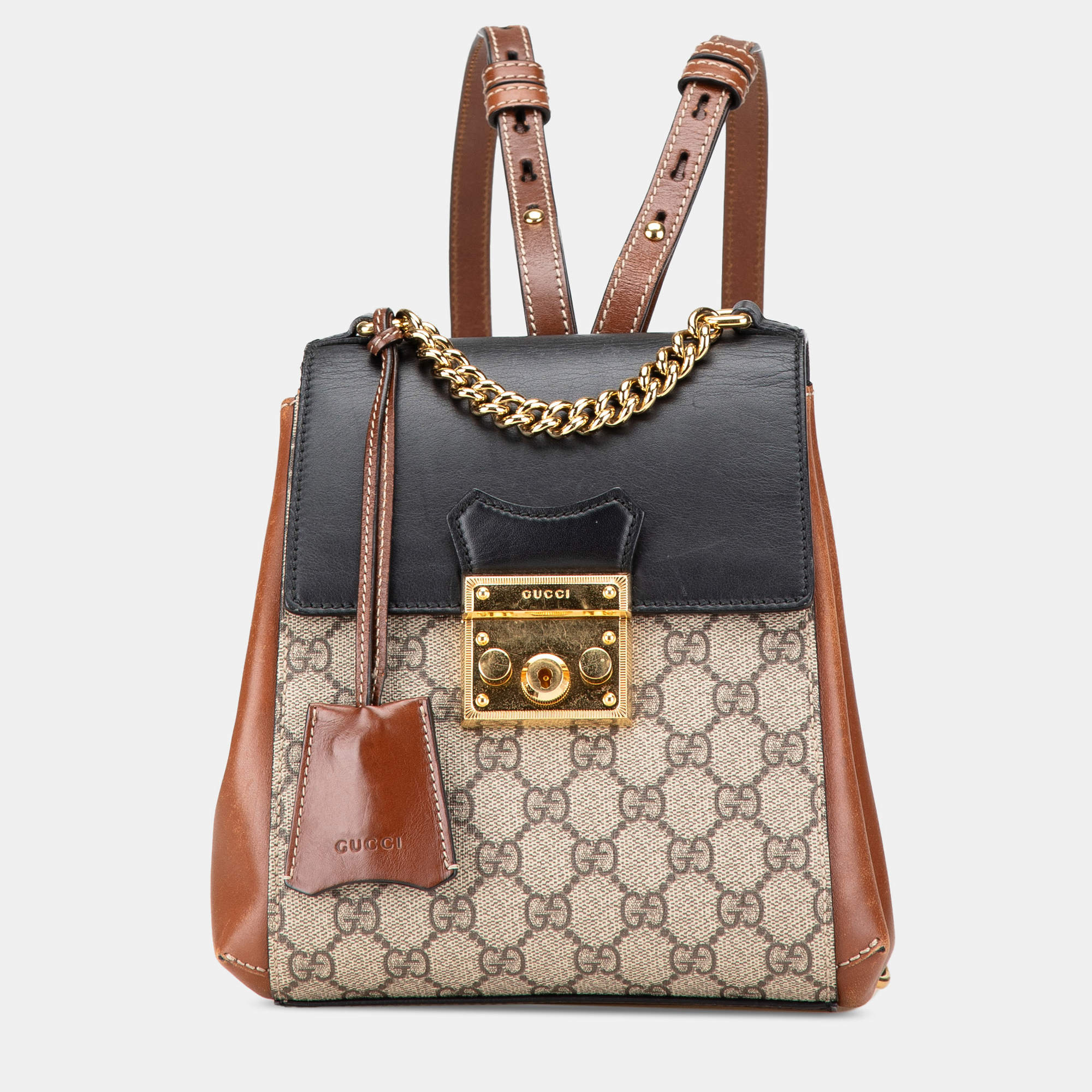 Pre Owned Gucci Black Brown GG Supreme Padlock Backpack