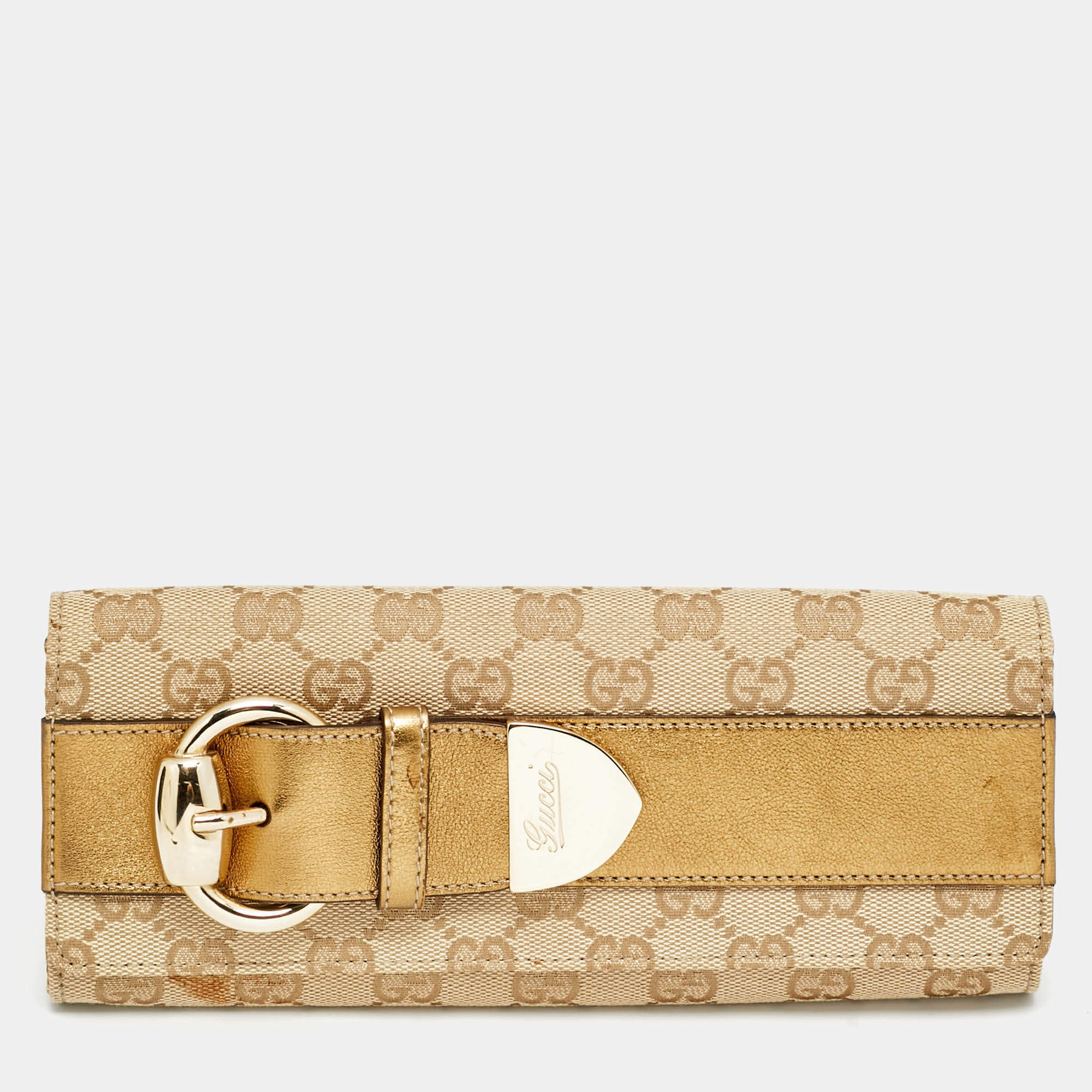 Pre Owned Gucci Romy Buckle Beige/Bronze GG Canvas and Leather Clutch