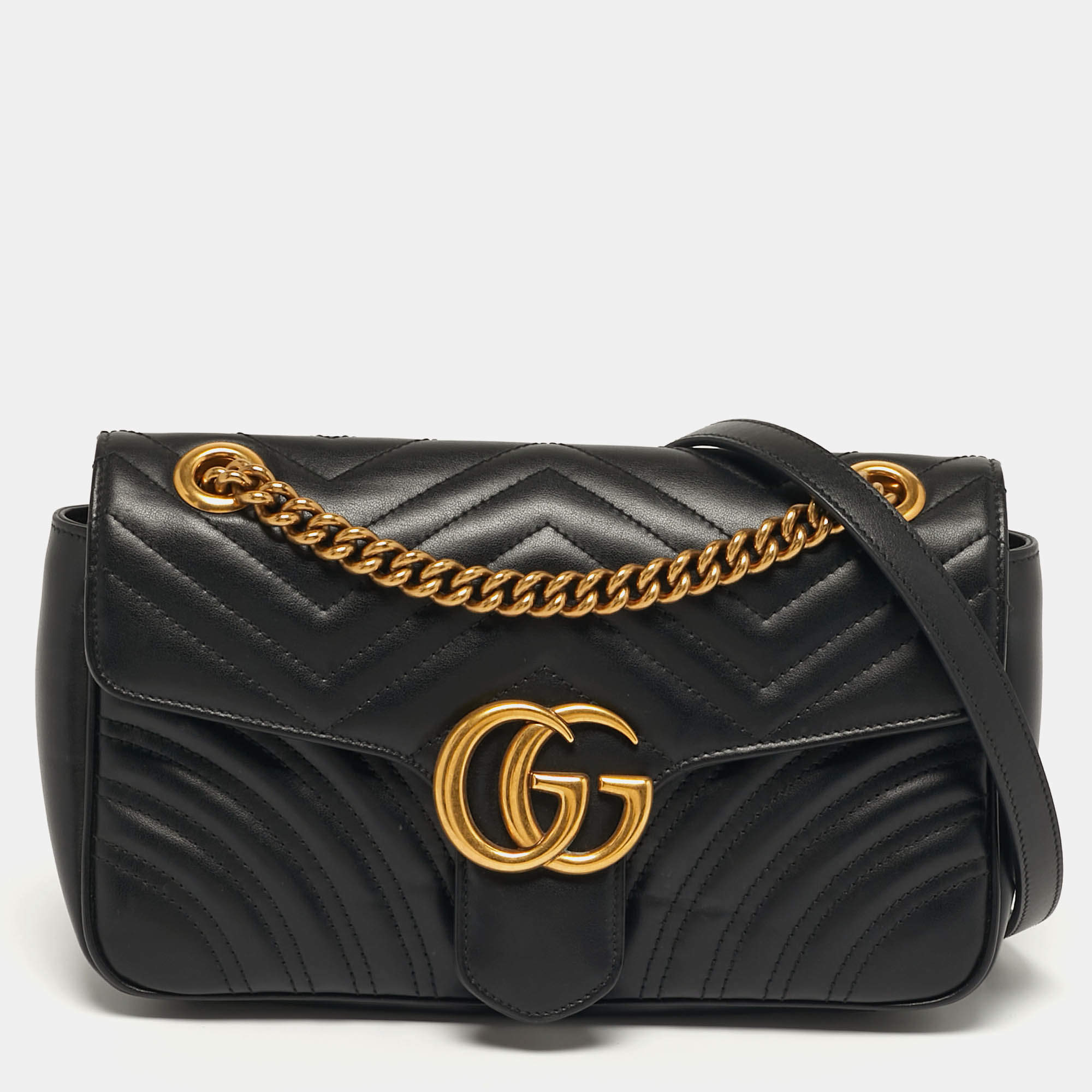 Pre Owned Gucci GG Marmont Small Black Matelasse Leather Shoulder Bag