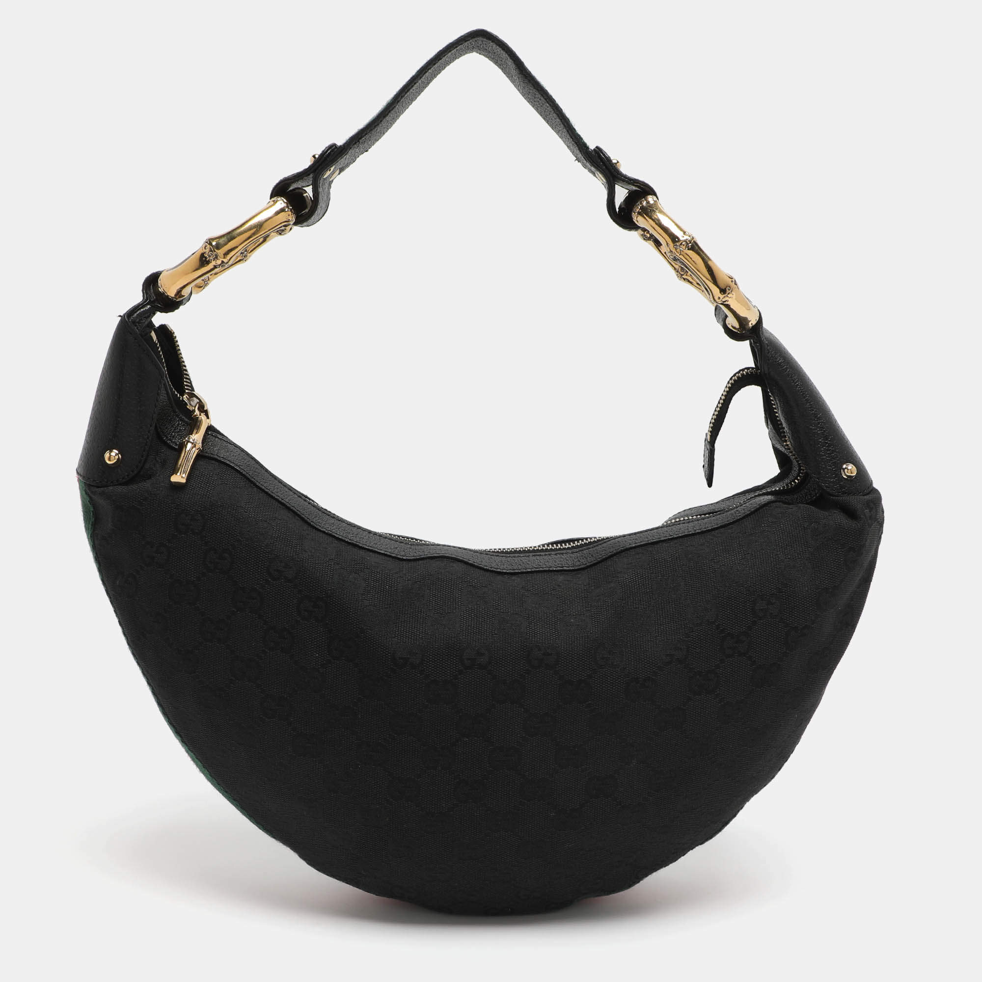 Pre Owned Gucci Bamboo Ring Black GG Canvas and Leather Hobo