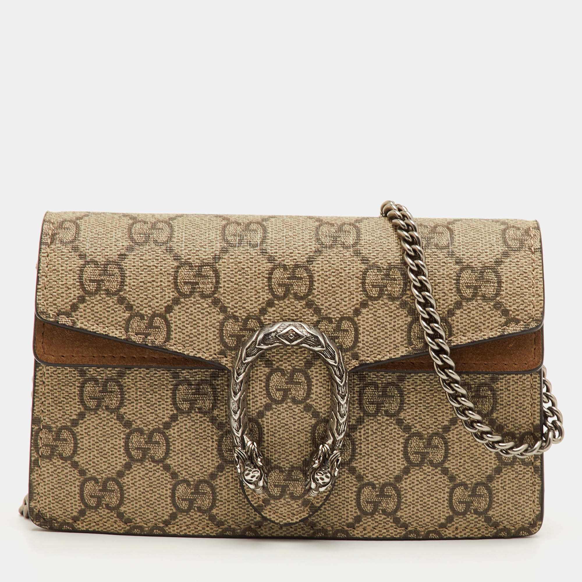 Pre Owned Gucci Dionysus Super Mini Beige/Brown GG Supreme Canvas and Suede Shoulder Bag