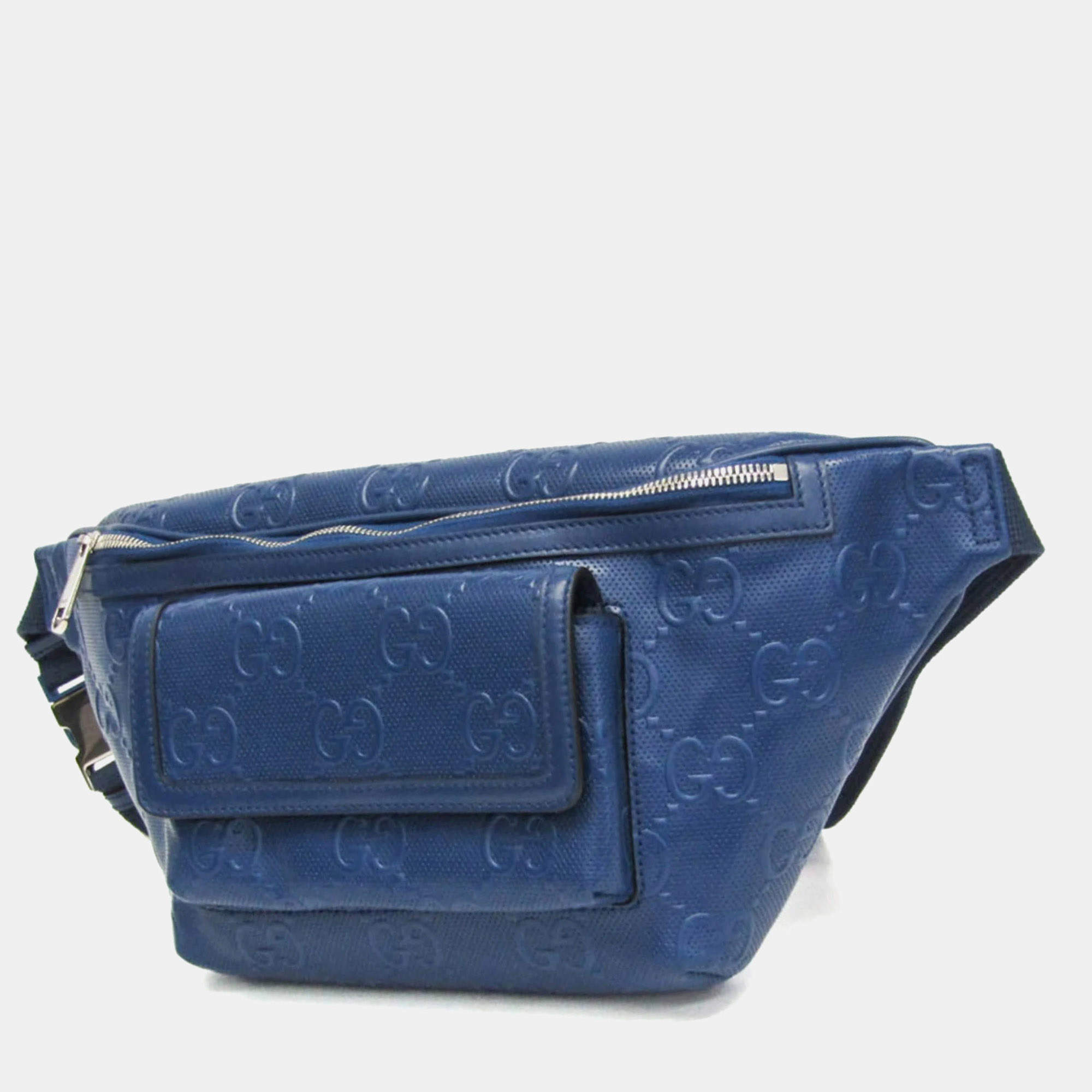 Pre Owned Gucci GG Embossed Blue Leather Fanny Pack Bag