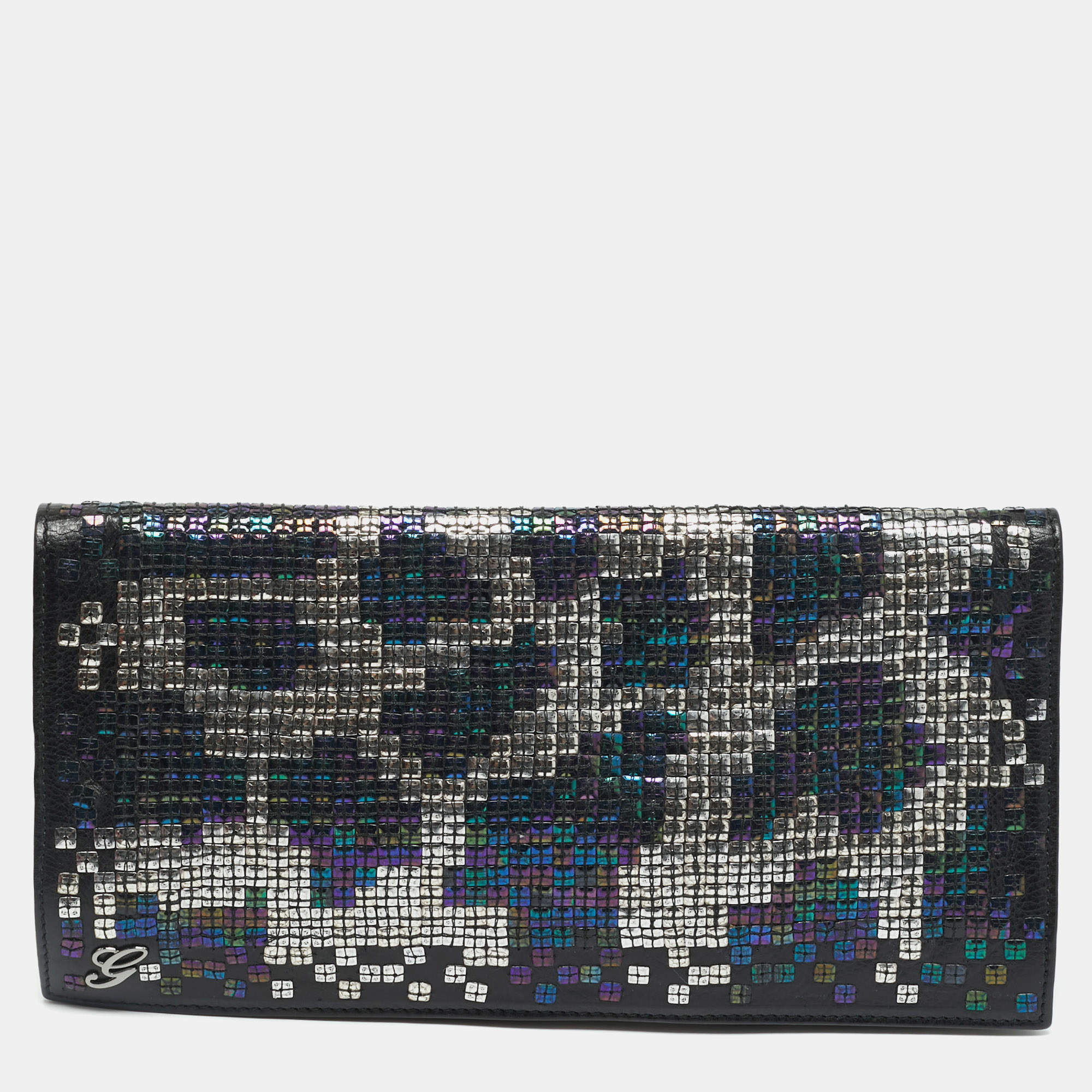Pre Owned Gucci Black/Multicolor Leather and Sequins Flap Clutch
