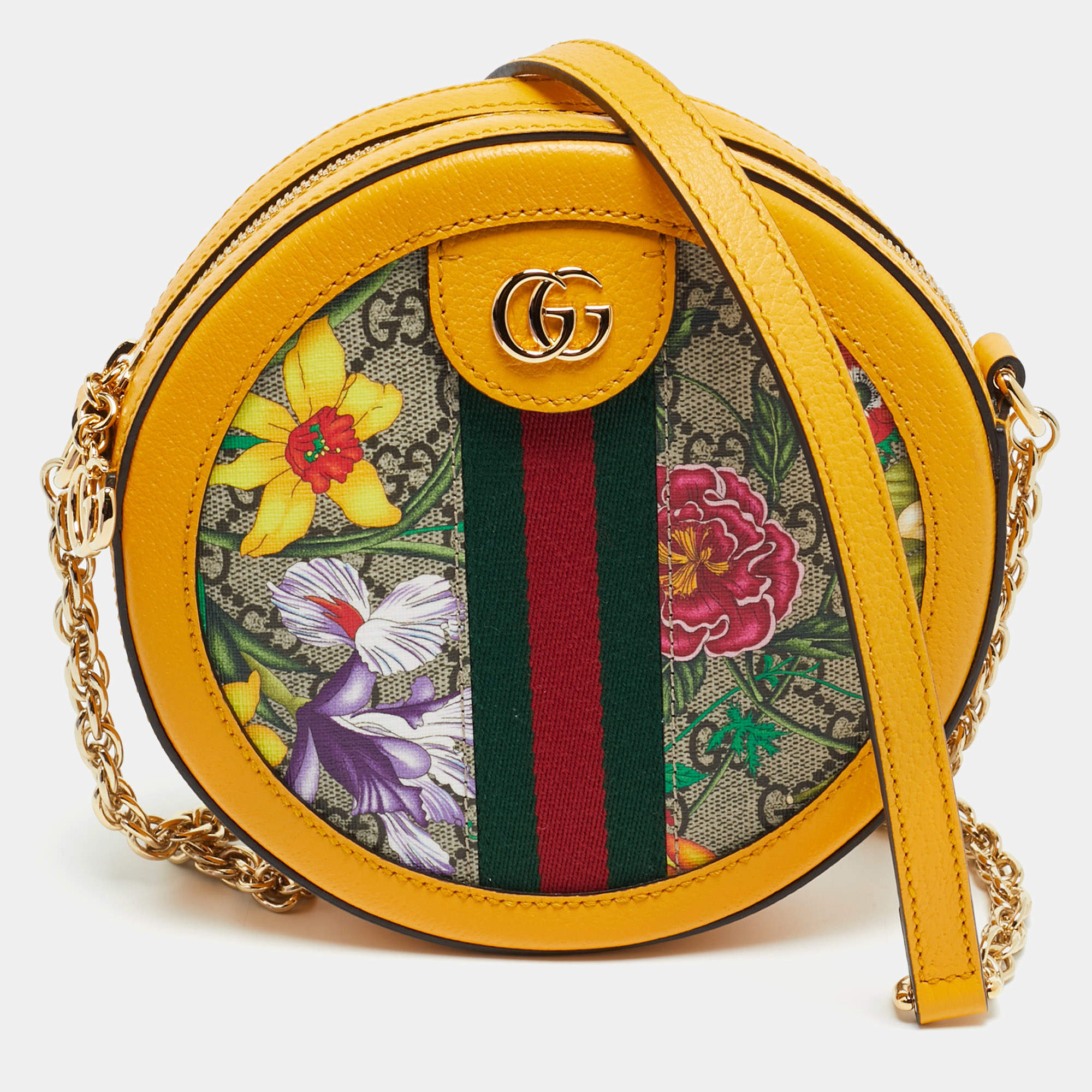 Pre Owned Gucci Ophidia Flora Mini Yellow GG Supreme Canvas and Leather Round Bag