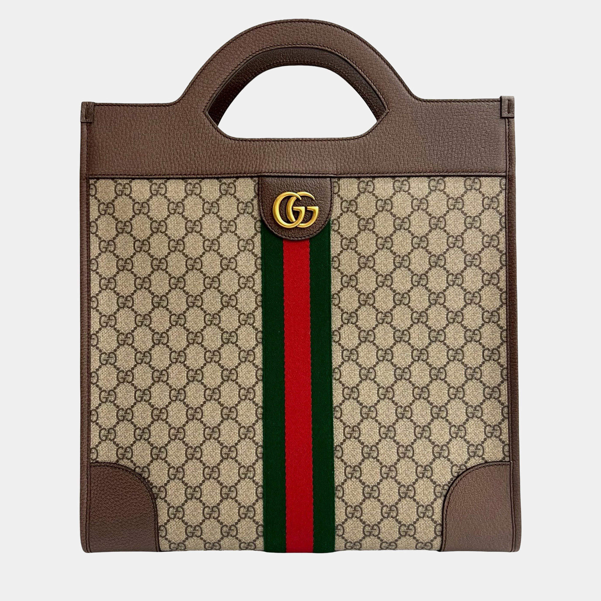 Pre Owned Gucci Brown GG Supreme Ophidia Vertical Tote
