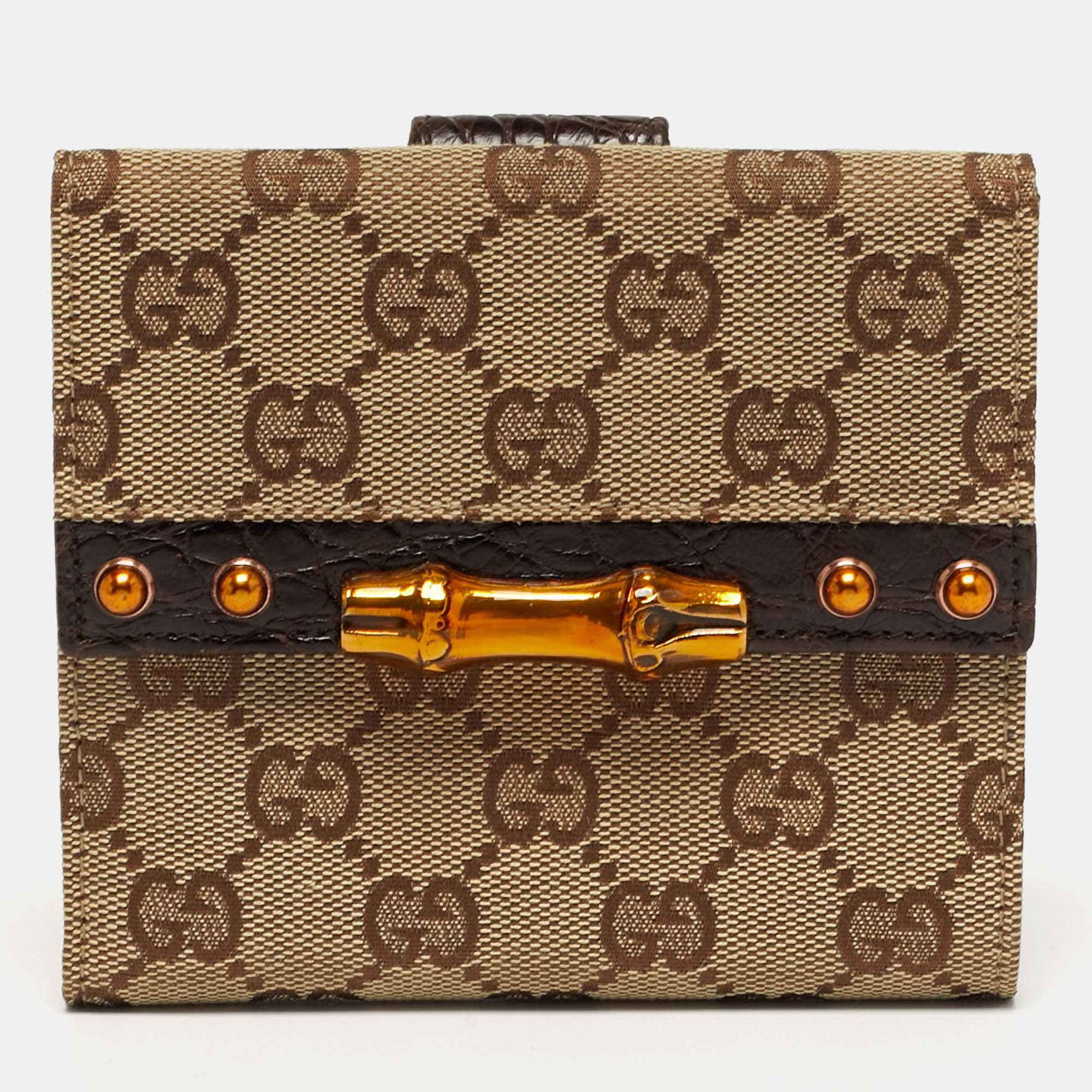 مملوكة مسبقًا Gucci Bamboo Bar Beige/Brown GG Canvas and Croc Embossed Leather French Wallet