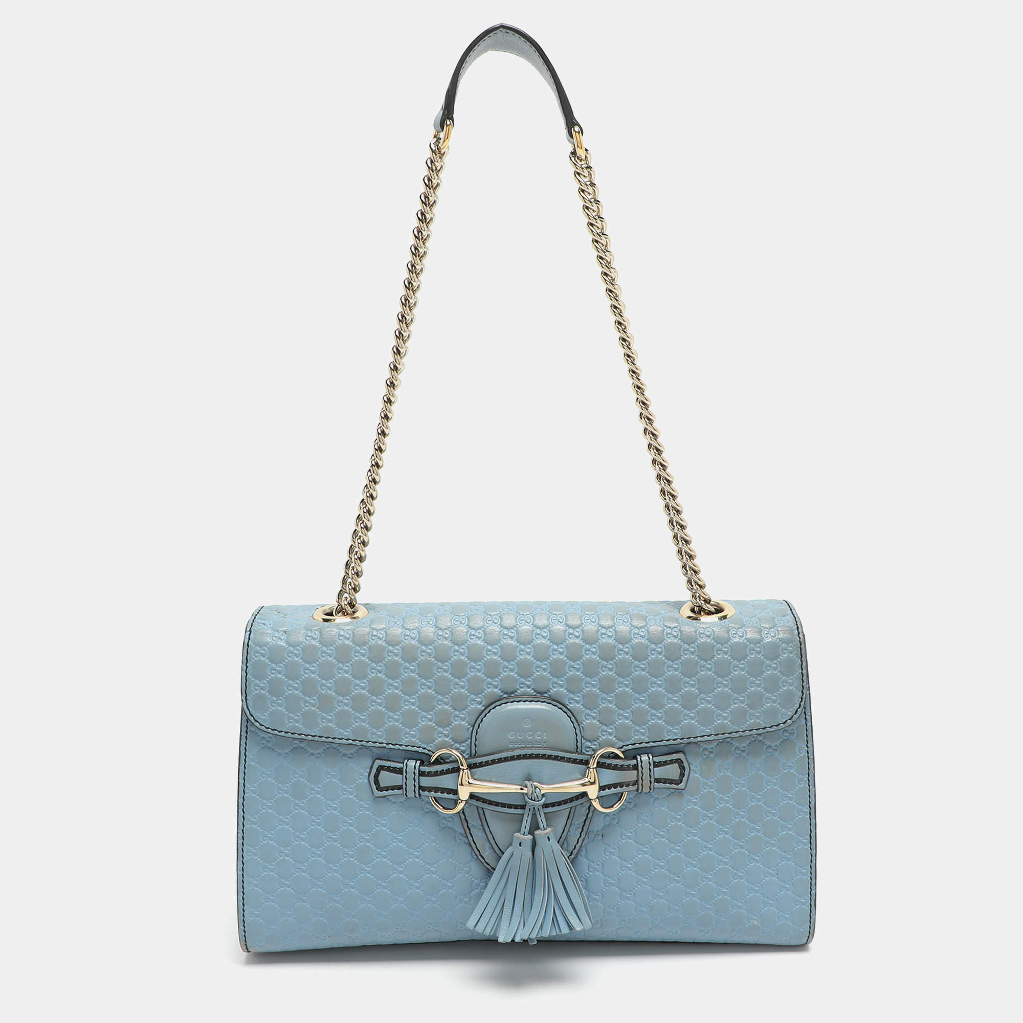 Pre Owned Gucci Emily Medium Light Blue Microguccissima Leather Shoulder Bag