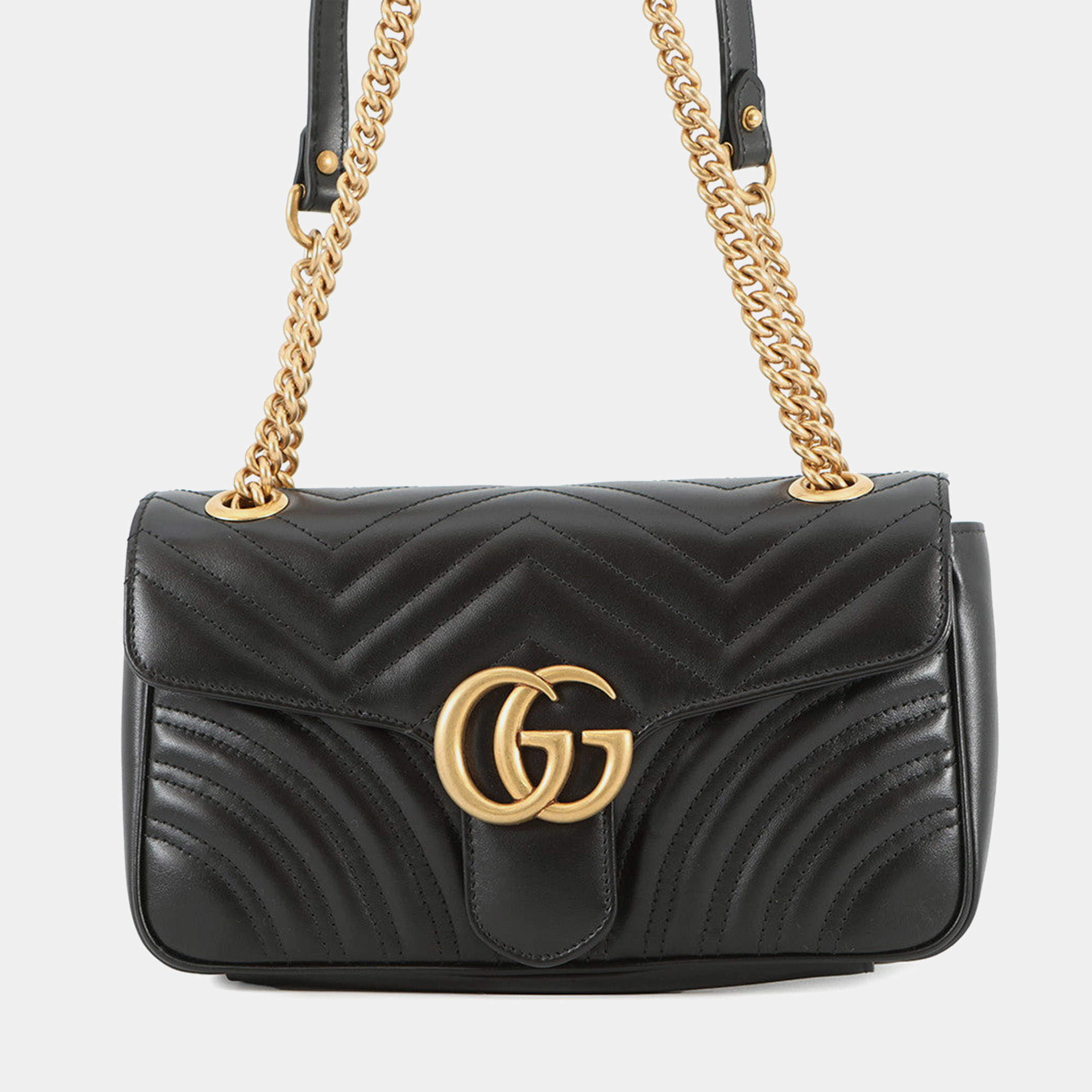 Pre Owned Gucci GG Marmont Chain shoulder Bag Black Leather