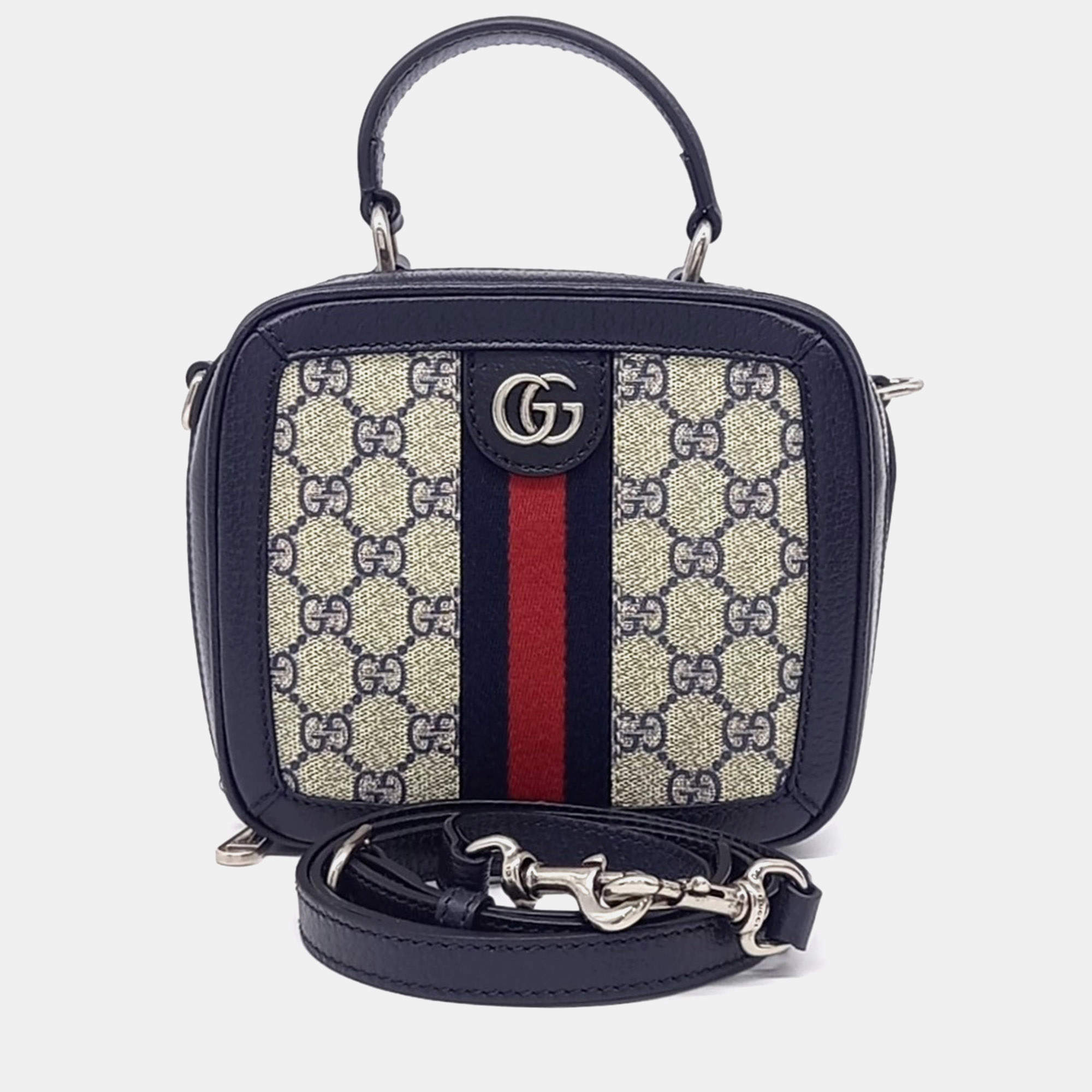 Pre Owned Gucci Navy Blue Canvas Ophidia GG Top Handle Bag Mini