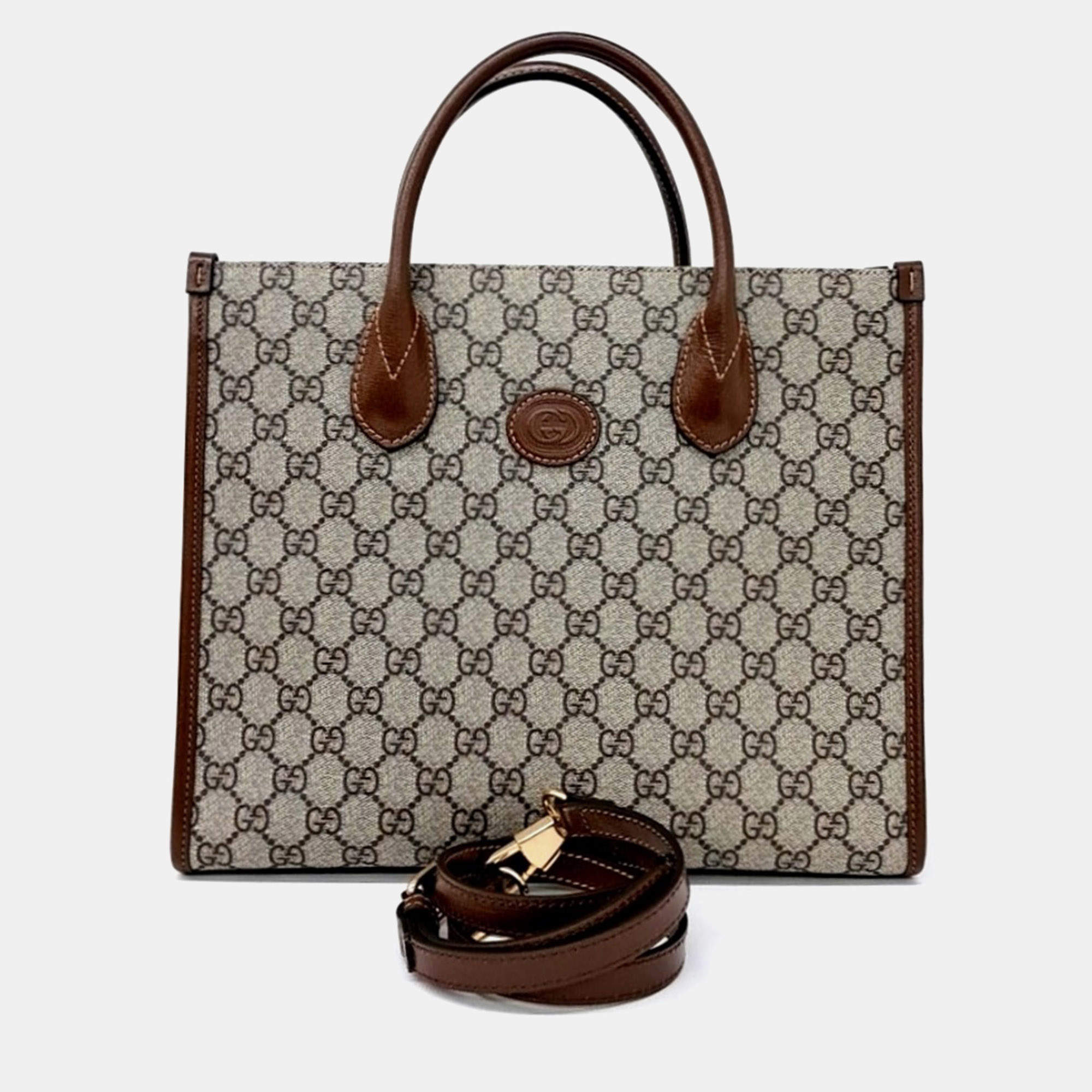 Pre Owned Gucci Beige Brown Coated Canvas GG Small Tote Bag