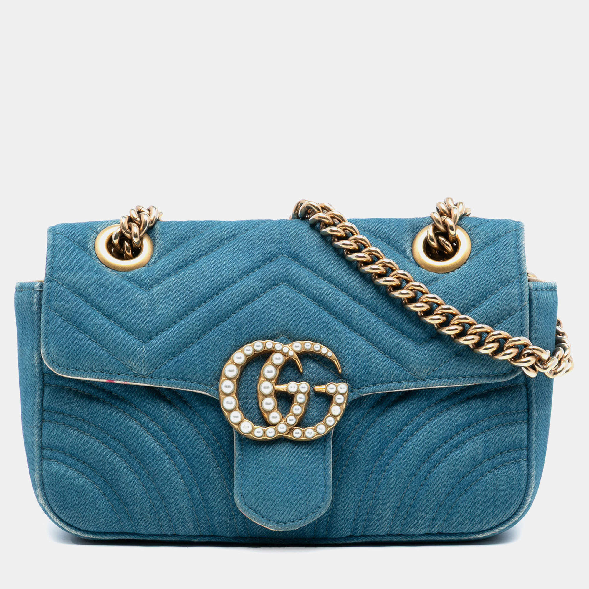 Pre Owned Gucci Blue Small GG Marmont Matelasse Denim Pearly Shoulder Bag