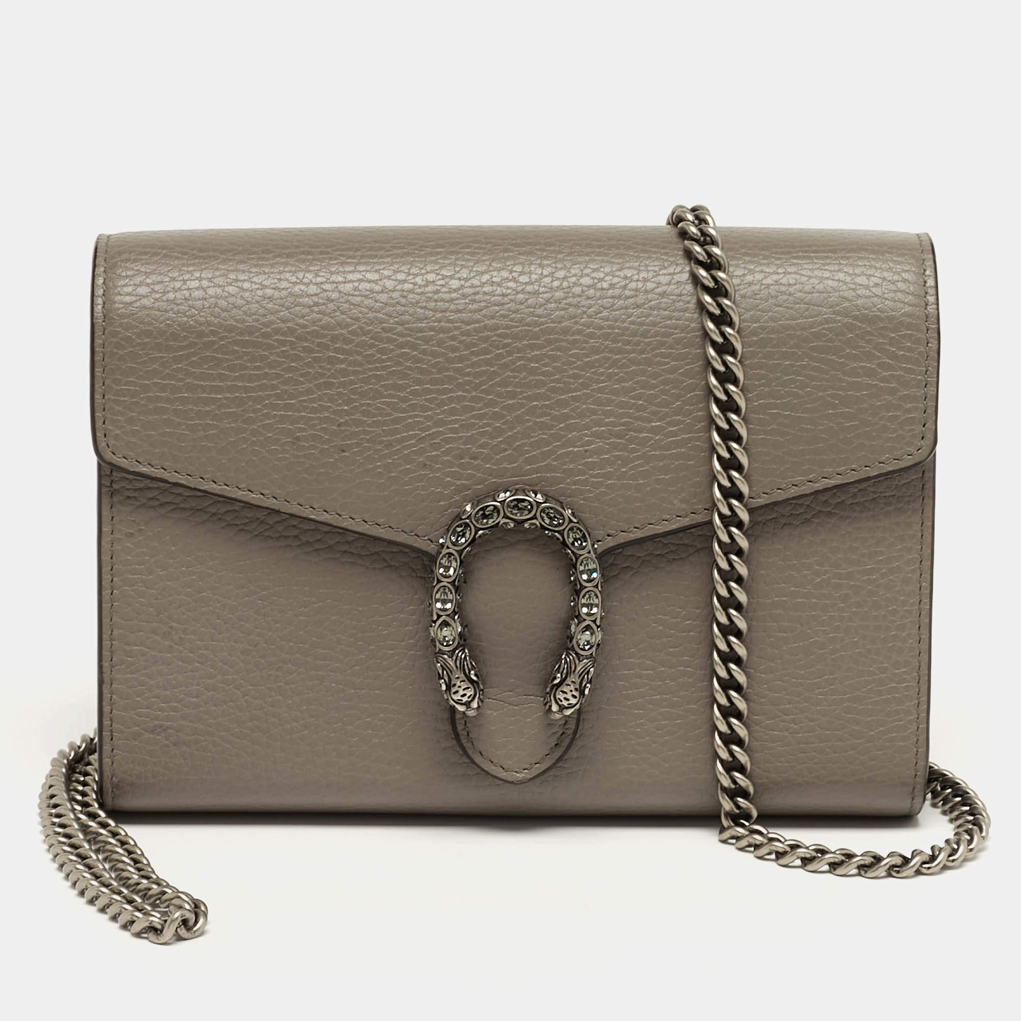 Pre Owned Gucci Crystal Dionysus Grey Leather Wallet On Chain
