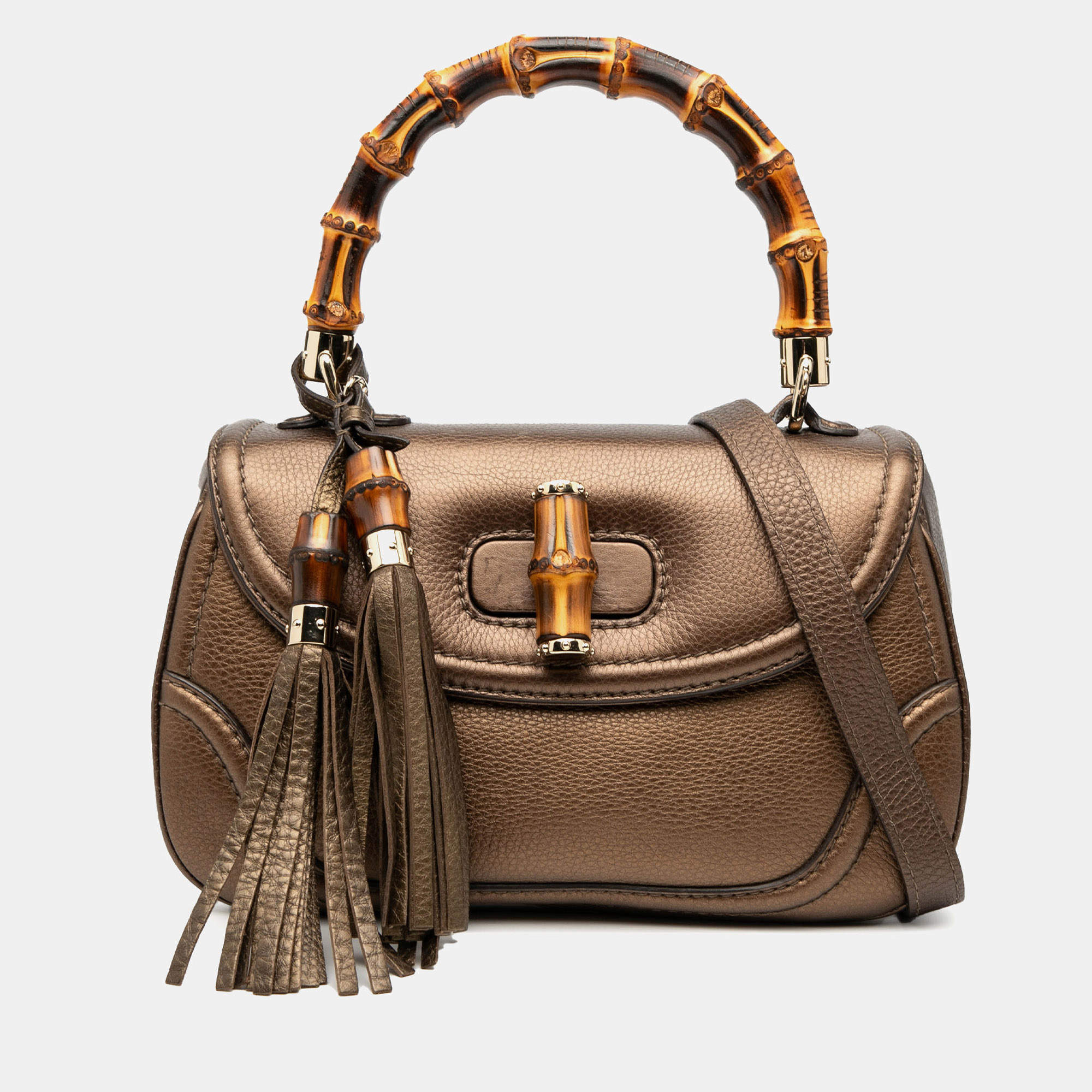 Pre Owned حقيبة غوتشي ساتشل بامبو جديد جلد بني وسط