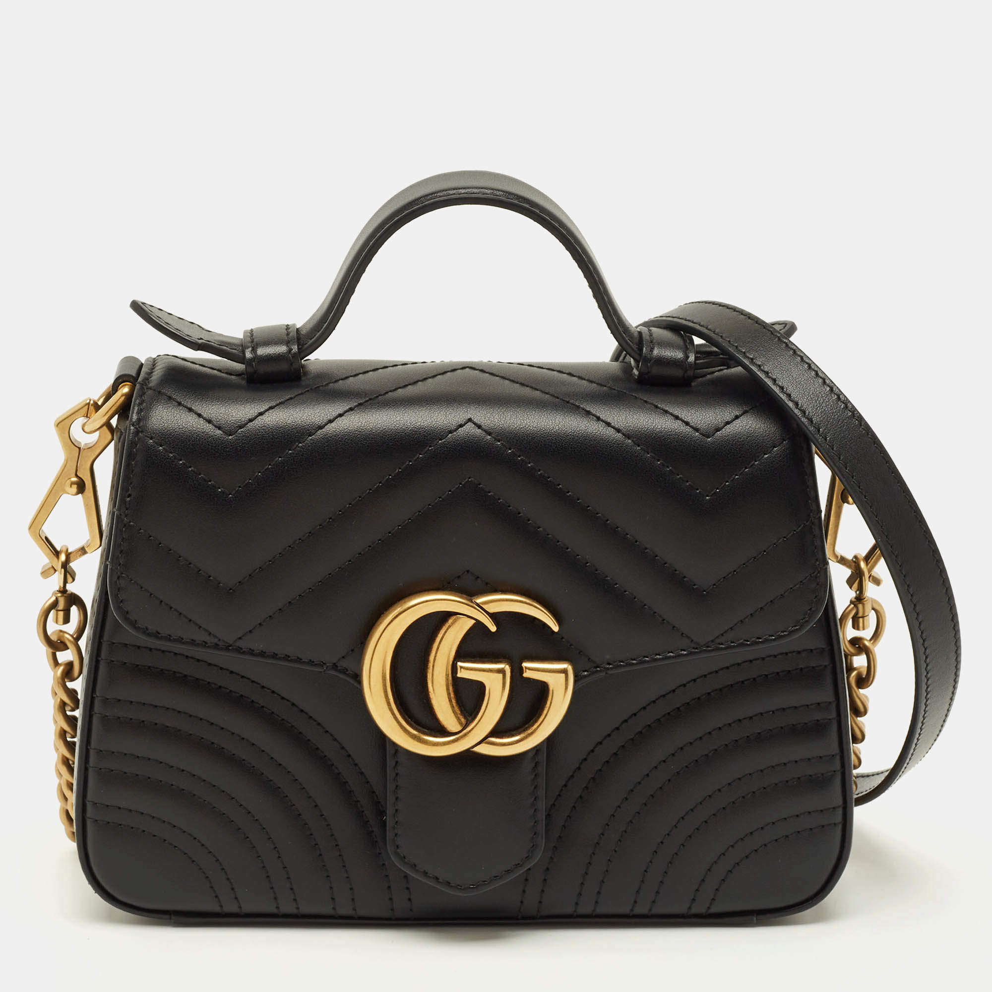 Pre Owned Gucci GG Marmont Mini Black Matelassé Leather Top Handle Bag