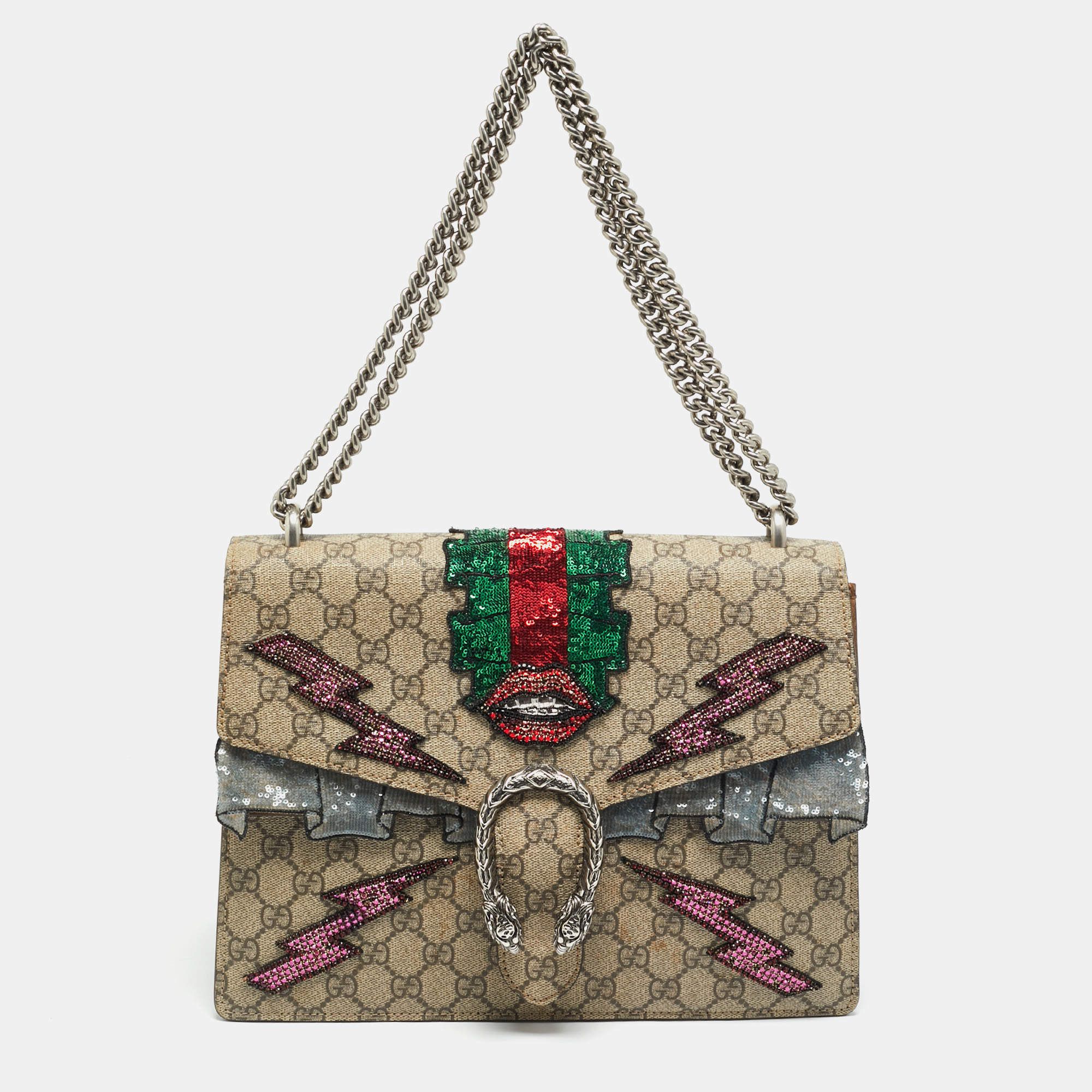 مملوكة مسبقًا Gucci Embellished Patch Dionysus Medium Beige GG Supreme Canvas and Suede Shoulder Bag