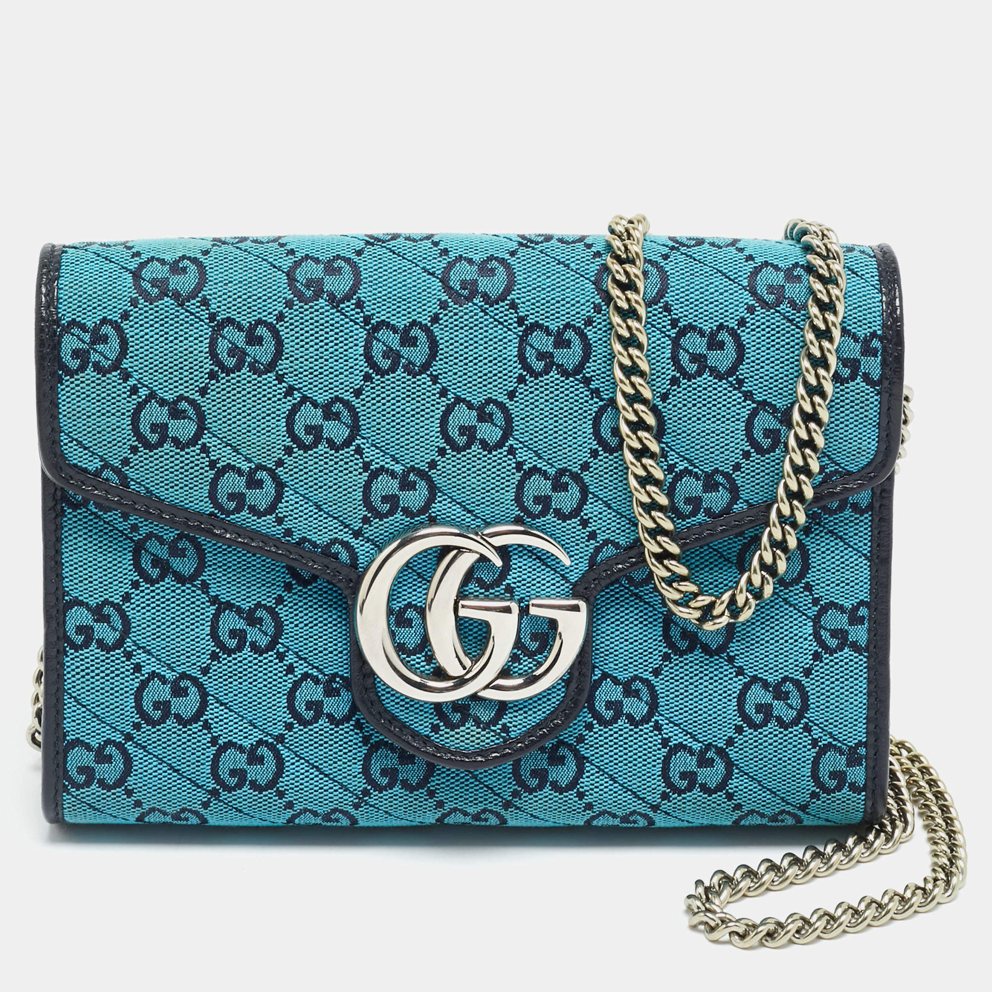Pre Owned Gucci GG Marmont Blue/Black GG Diagonal Quilt Canvas and Leather Wallet on Chain