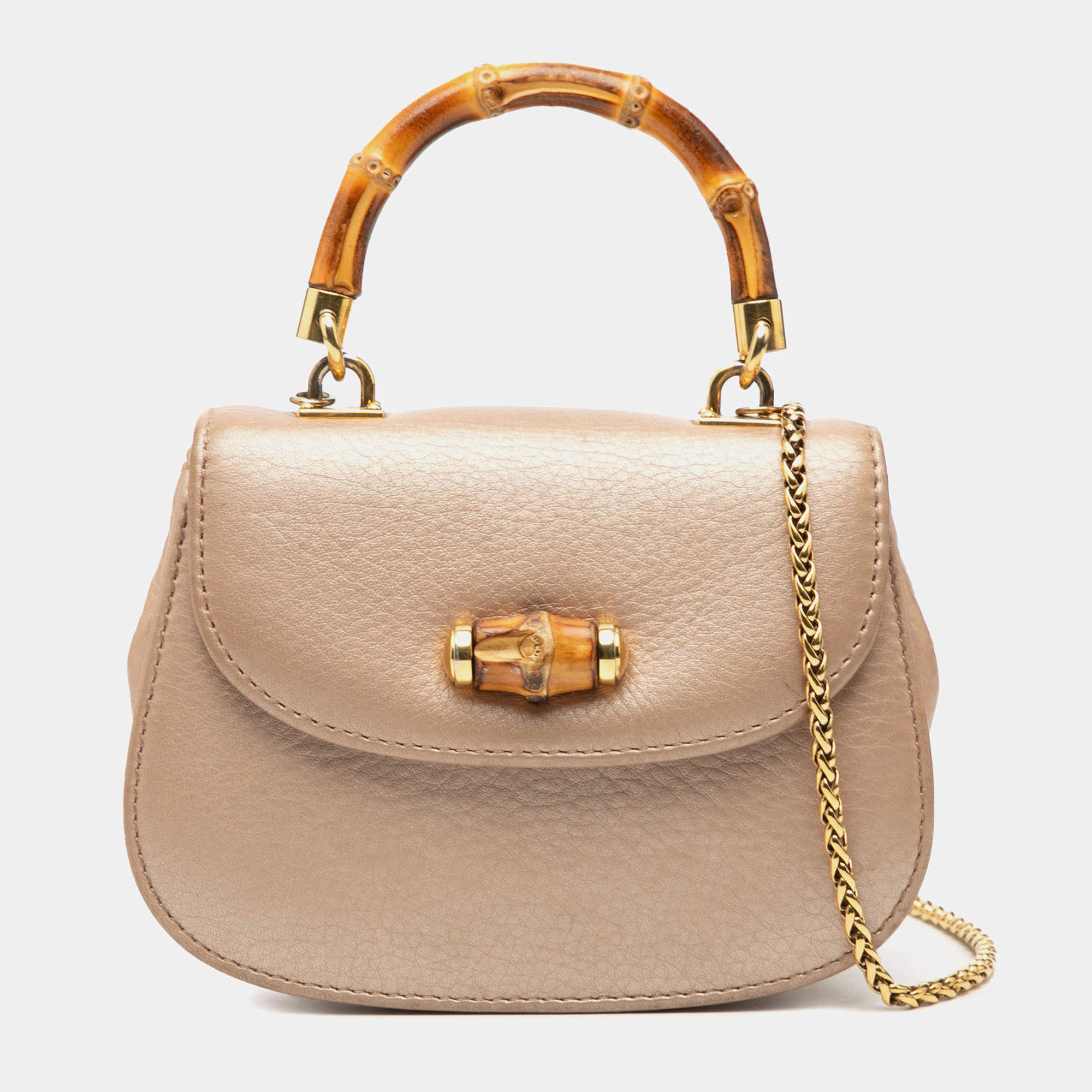مملوكة مسبقًا Gucci Brown Mini Metallic Leather Bamboo Night