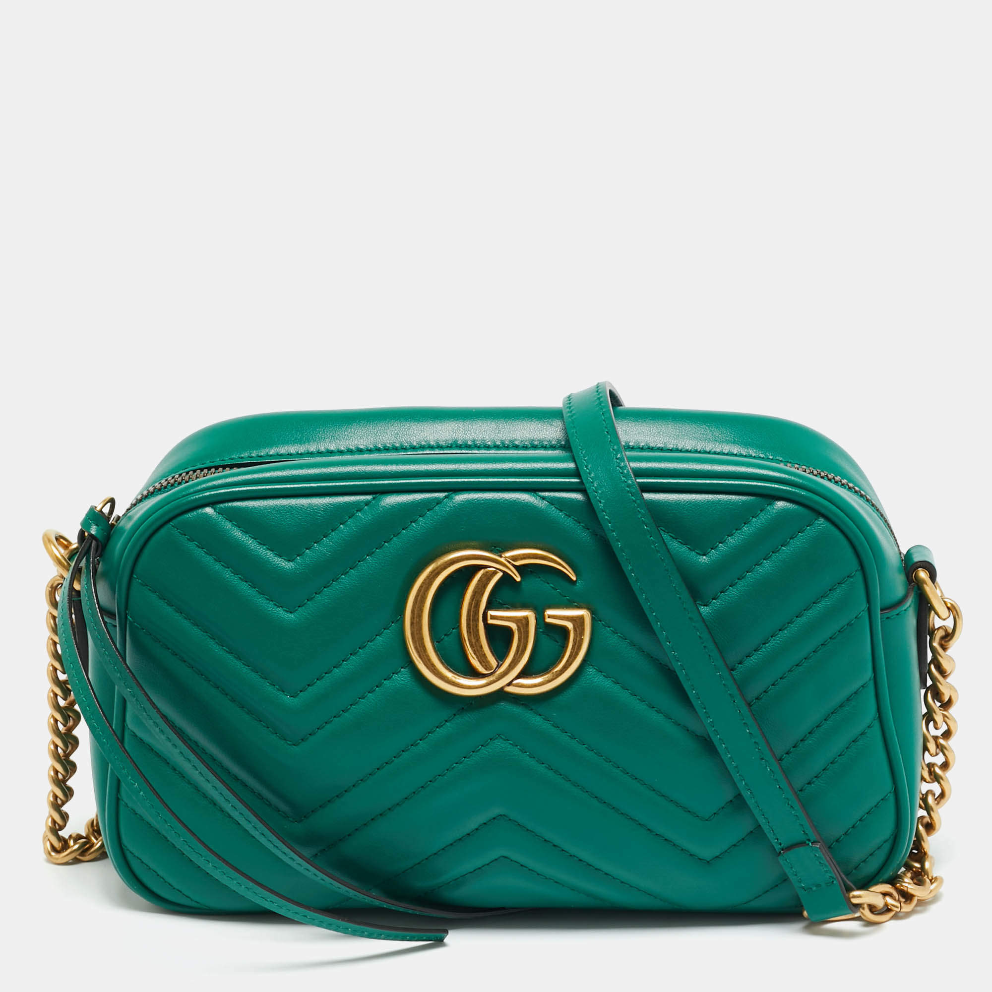 Pre Owned Gucci GG Marmont Small Green Matelassé Leather Camera Bag