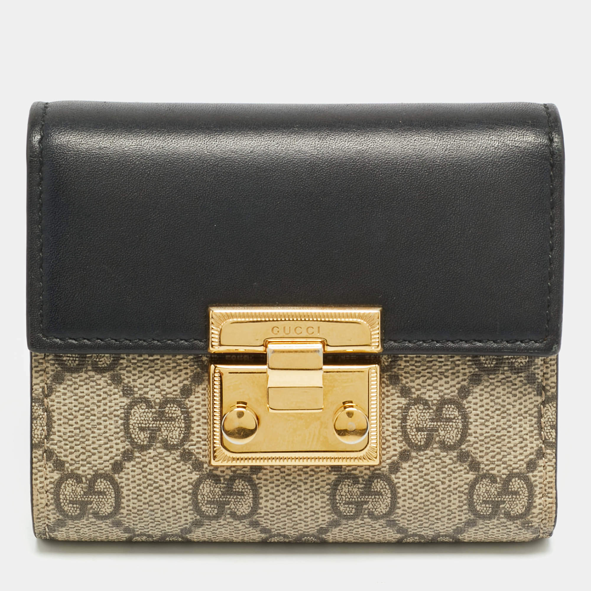 مملوكة مسبقًا Gucci Padlock Beige/Black GG Supreme Canvas and Leather Trifold Wallet