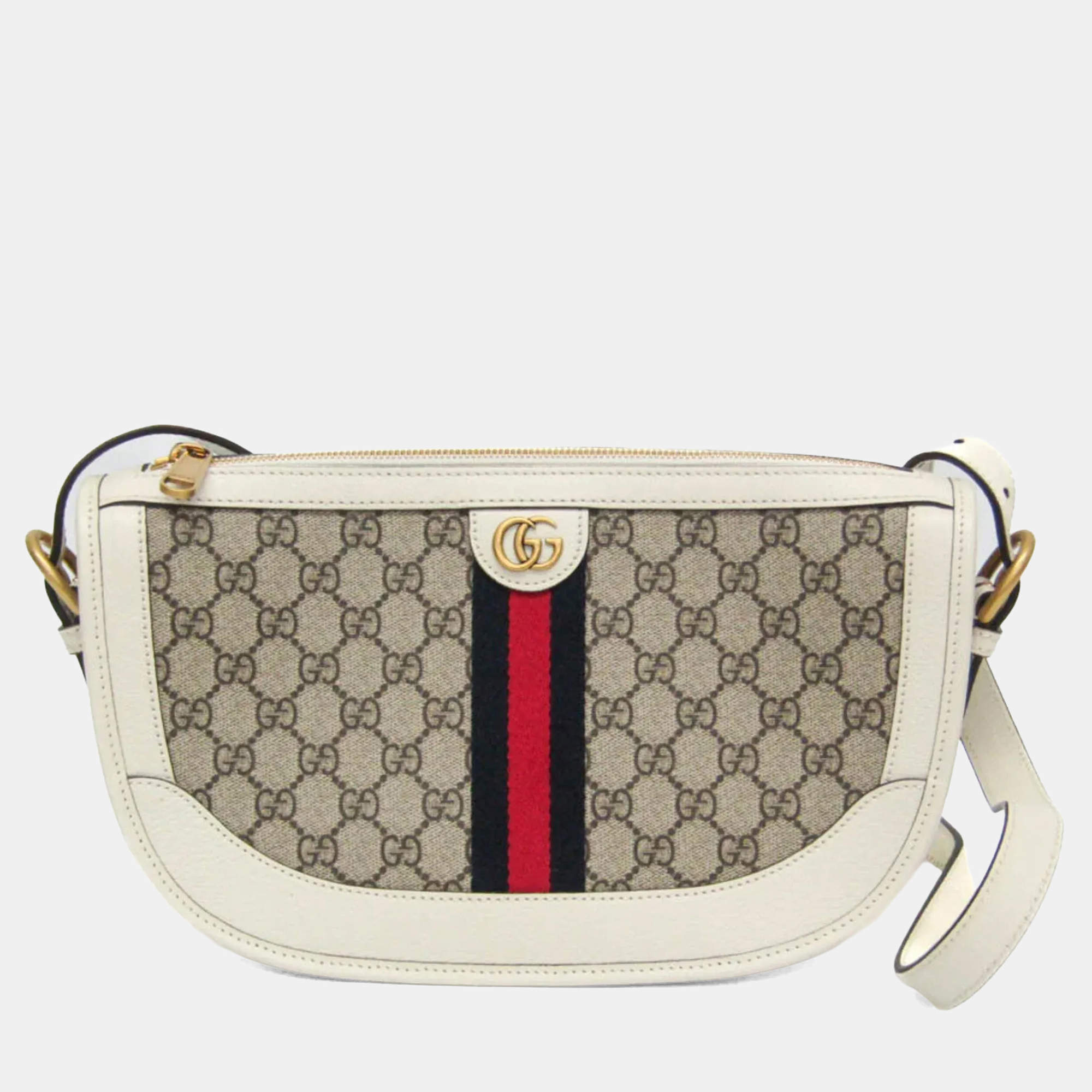 مملوكة مسبقًا Gucci Ophidia Beige, White Leather Gg Supreme Shoulder Bag 