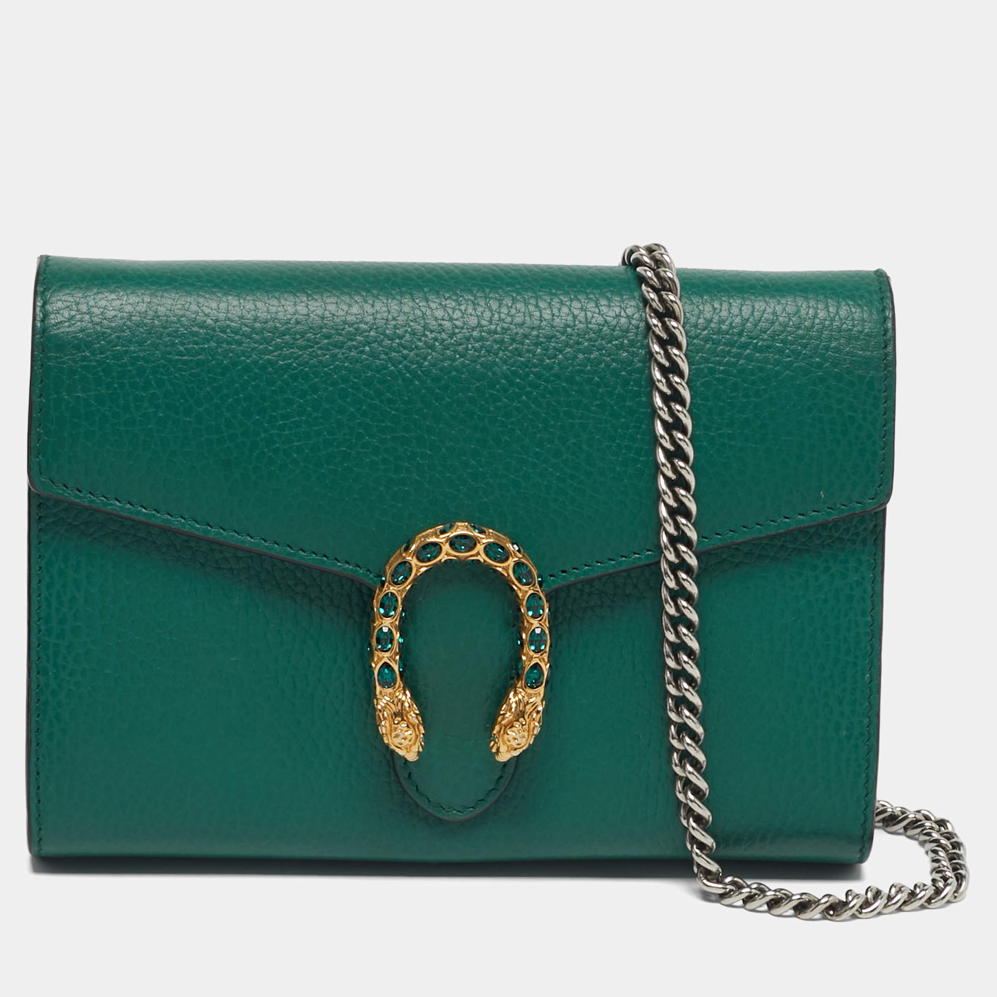 مملوكة مسبقًا Gucci Dionysus Crystal Green Leather Wallet on Chain
