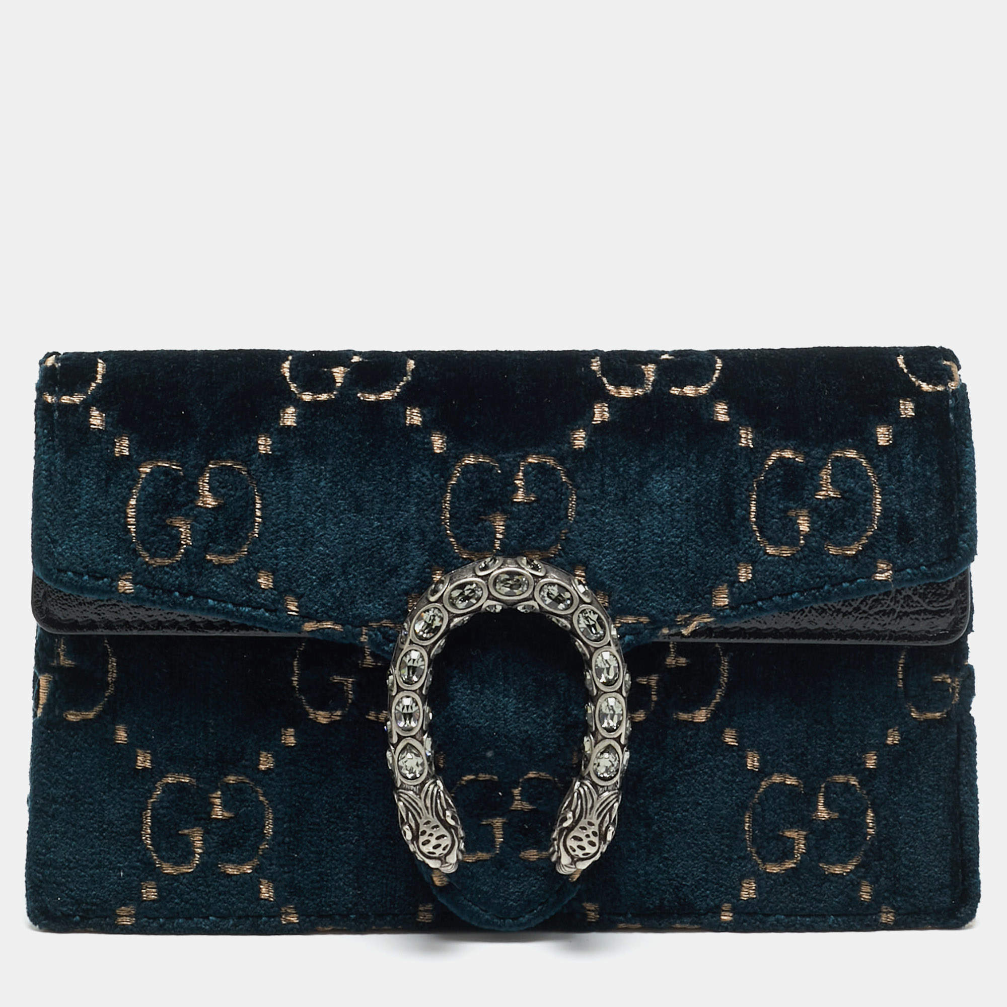 Pre Owned Gucci Dionysus Crystal Super Mini Black/Teal Green GG Velvet and Patent Leather Bag