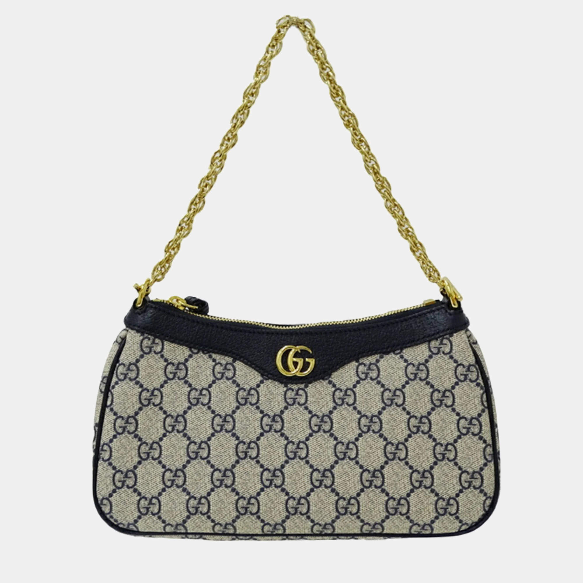 مملوكة مسبقًا Gucci Ophidia Handbag Shoulder 2Way Pvc Small Navy Beige Gg Supreme Plus Animalier Charm Bee
