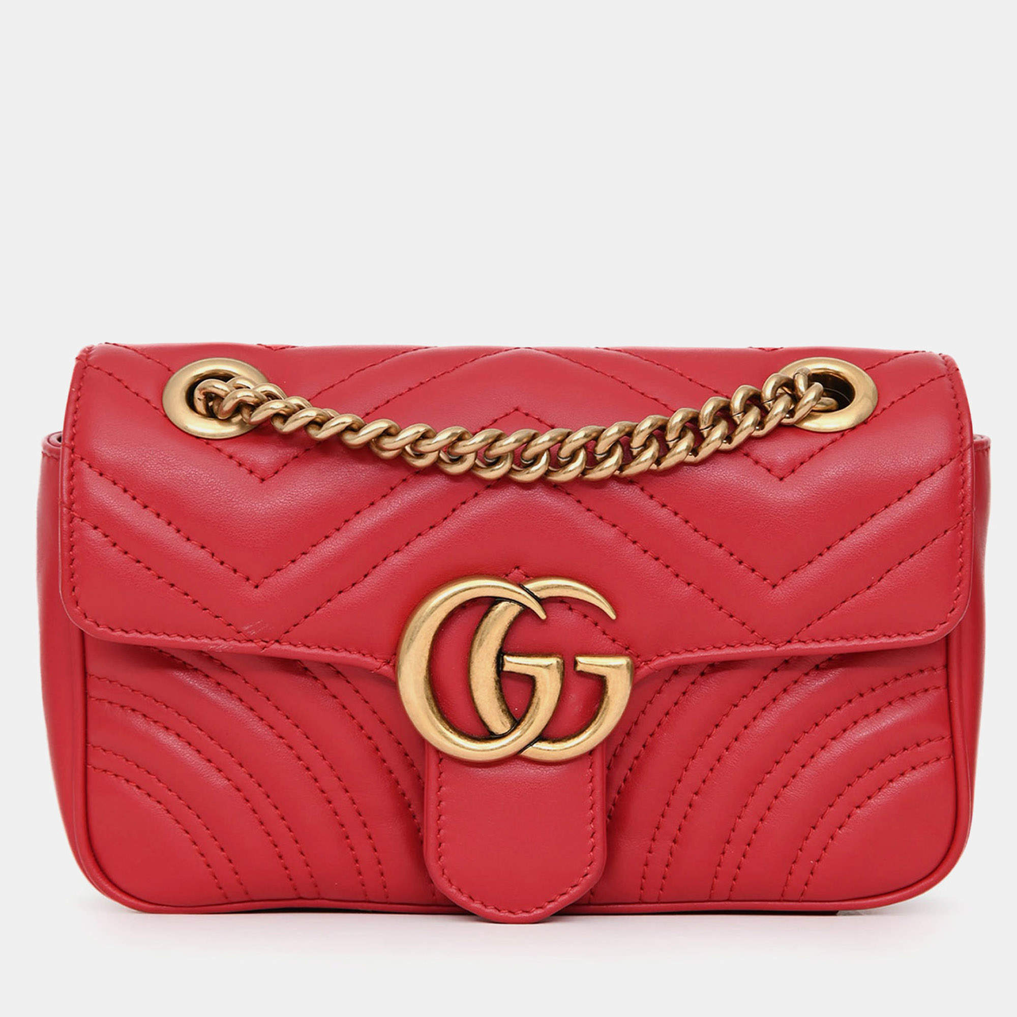 Pre Owned Gucci Red Leather Small GG Marmont Shoulder Bag