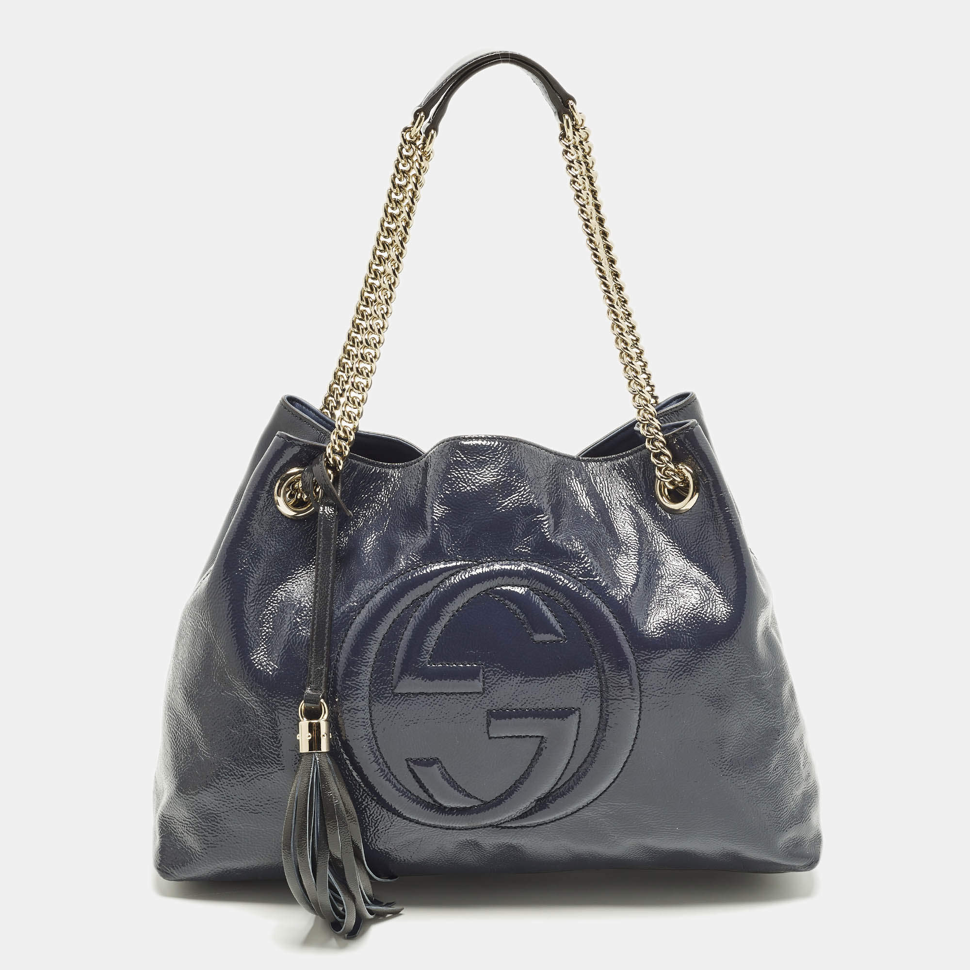 Pre Owned Gucci Soho Chain Medium Purple Patent Leather Tote