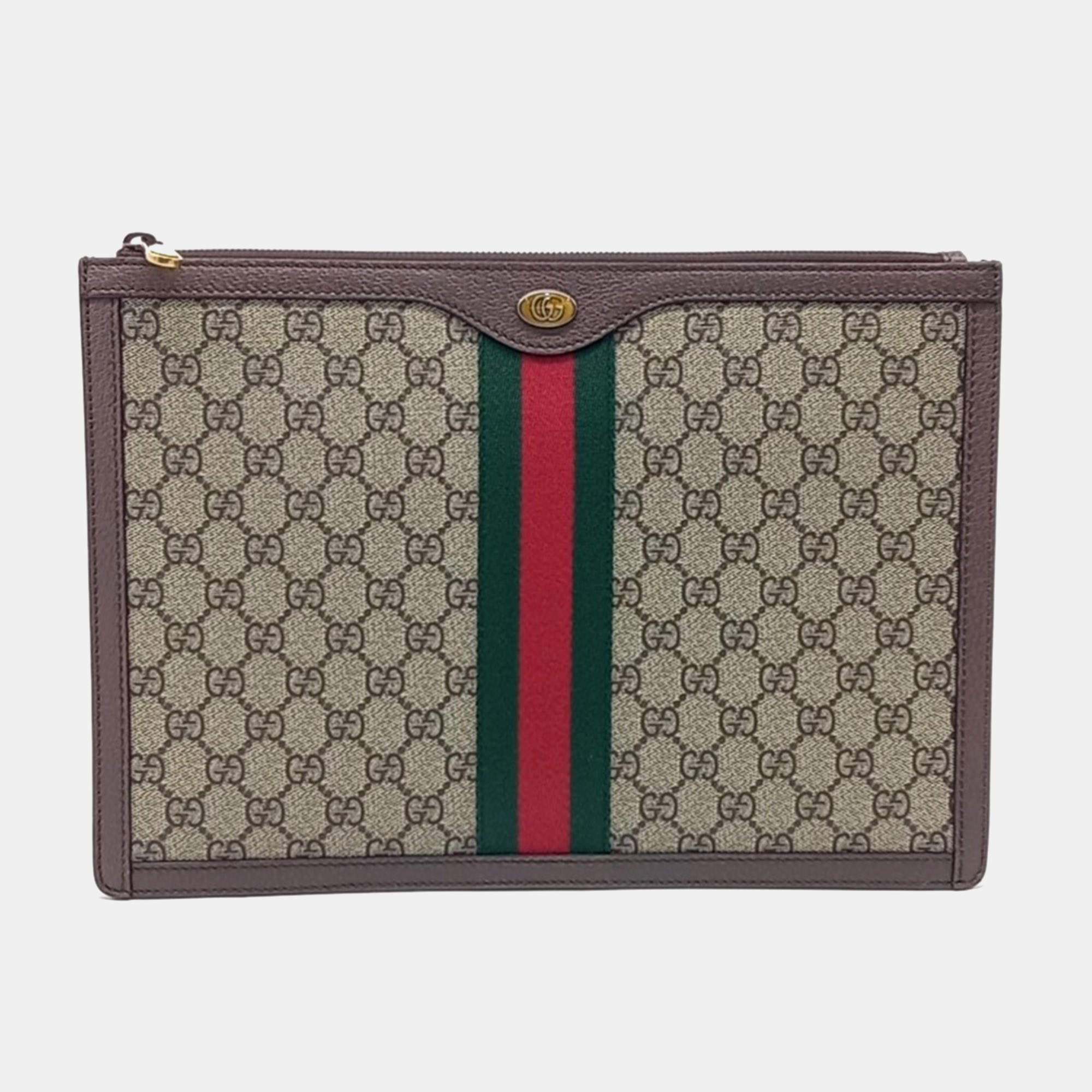 Pre Owned Gucci Beige, Brown Canvas Supreme Portfolio Clutch (523359)