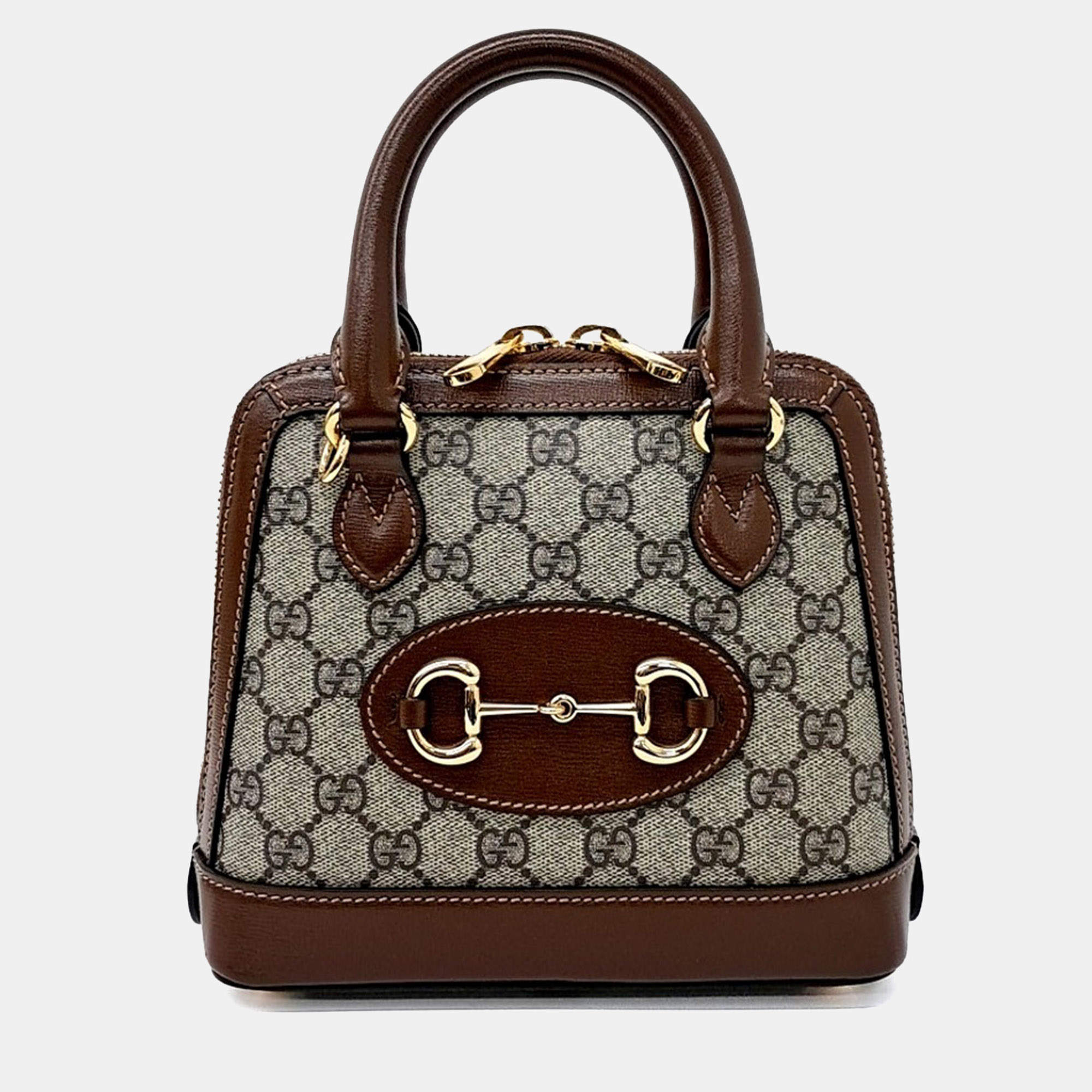 Pre Owned Gucci Beige, Brown Coated Canvas Horsebit 1955 Mini Top Handle Bag