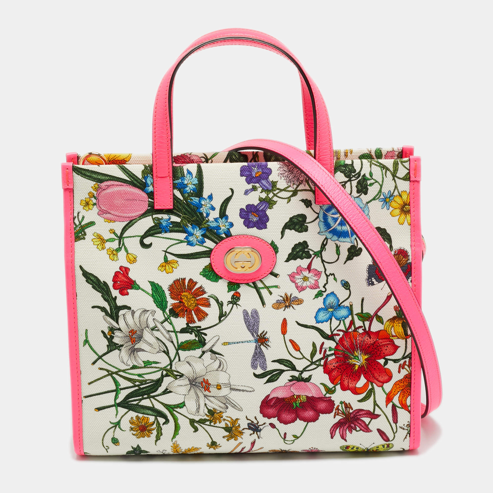 Pre Owned Gucci Flora Neon Pink/Multicolor Floral Print Canvas and Leather Tote