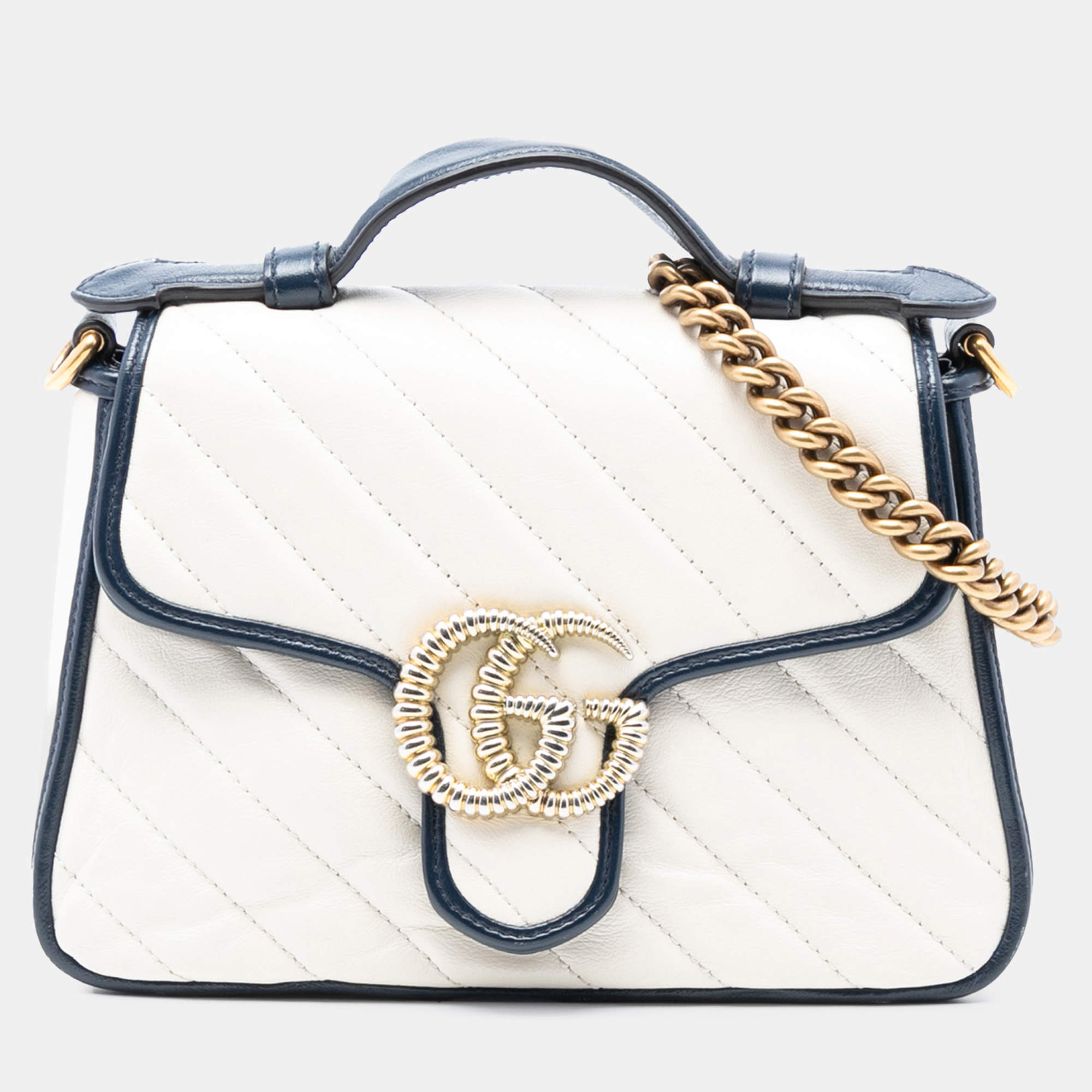 Pre Owned Gucci Blue/White Mini GG Marmont Matelasse Diagonal Leather Torchon Top Handle Bag