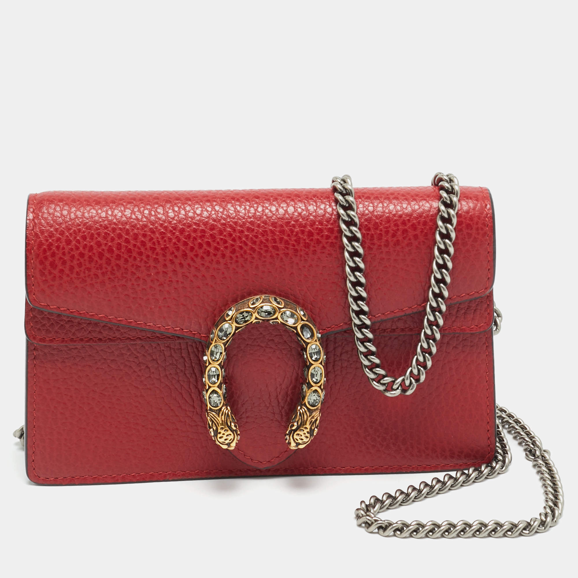 Pre Owned Gucci Dionysus Crystal Super Mini Red Leather Shoulder Bag