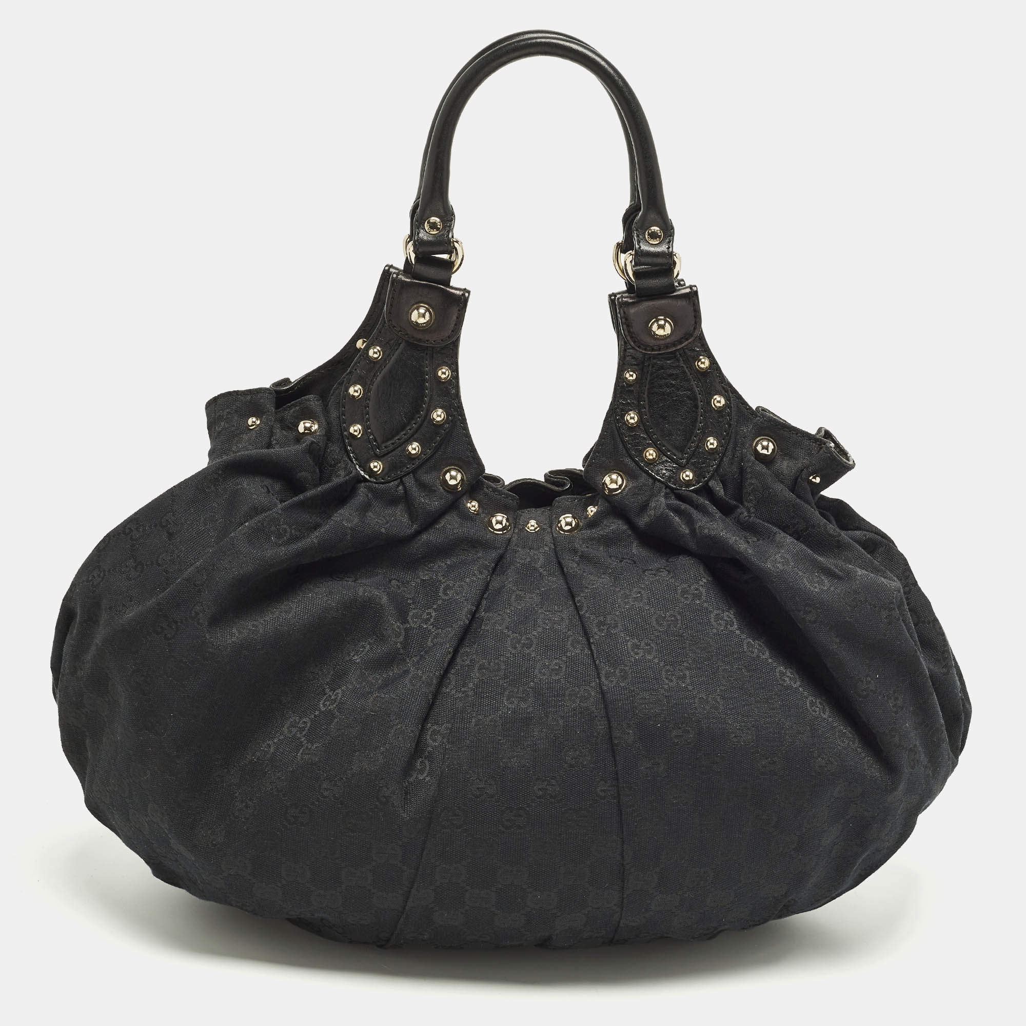 مملوكة مسبقًا Gucci Pelham Studded Black GG Canvas and Leather Hobo